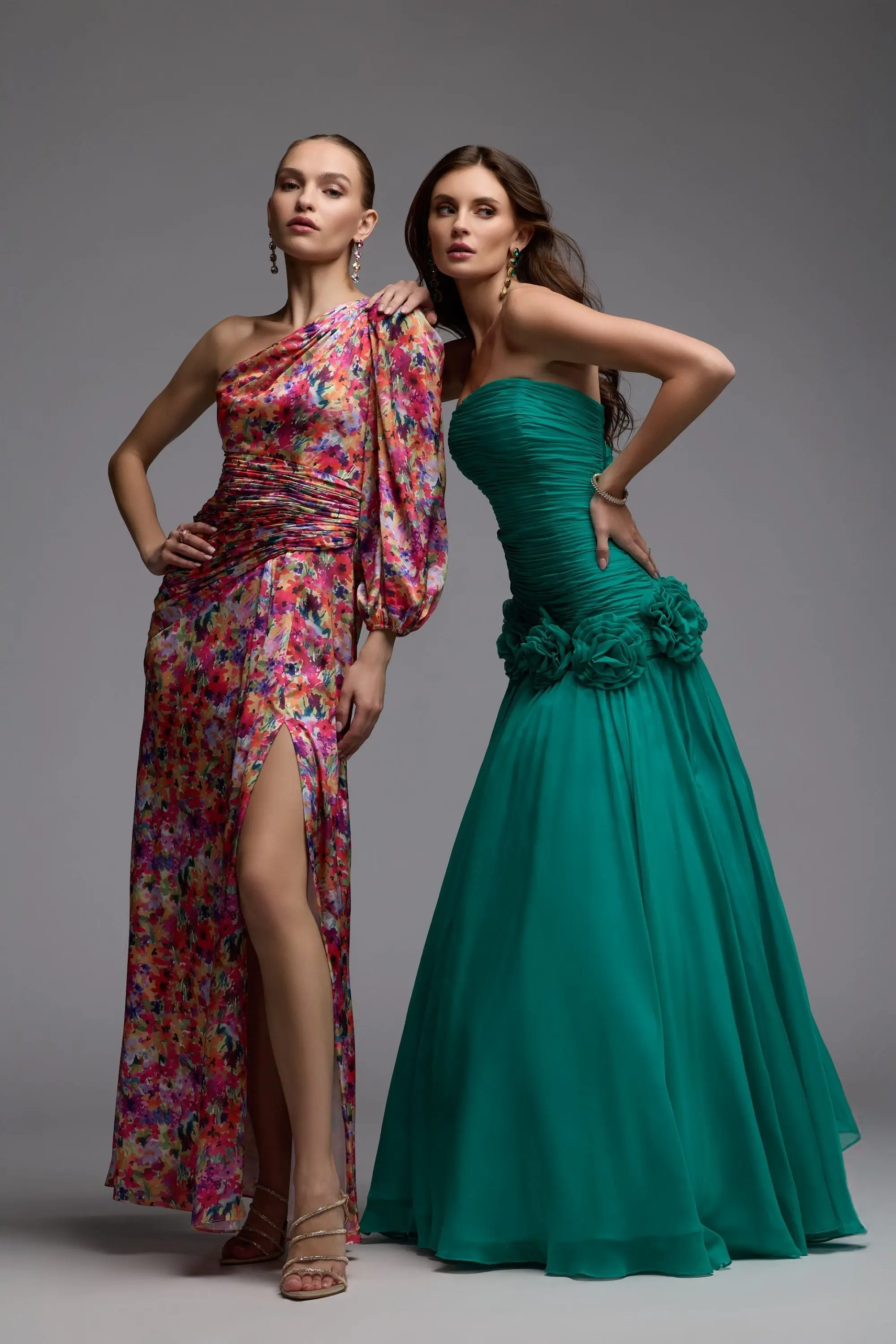 Multicolor One Sleeve Floral Print Charmeuse Gown With Slit - Image 6