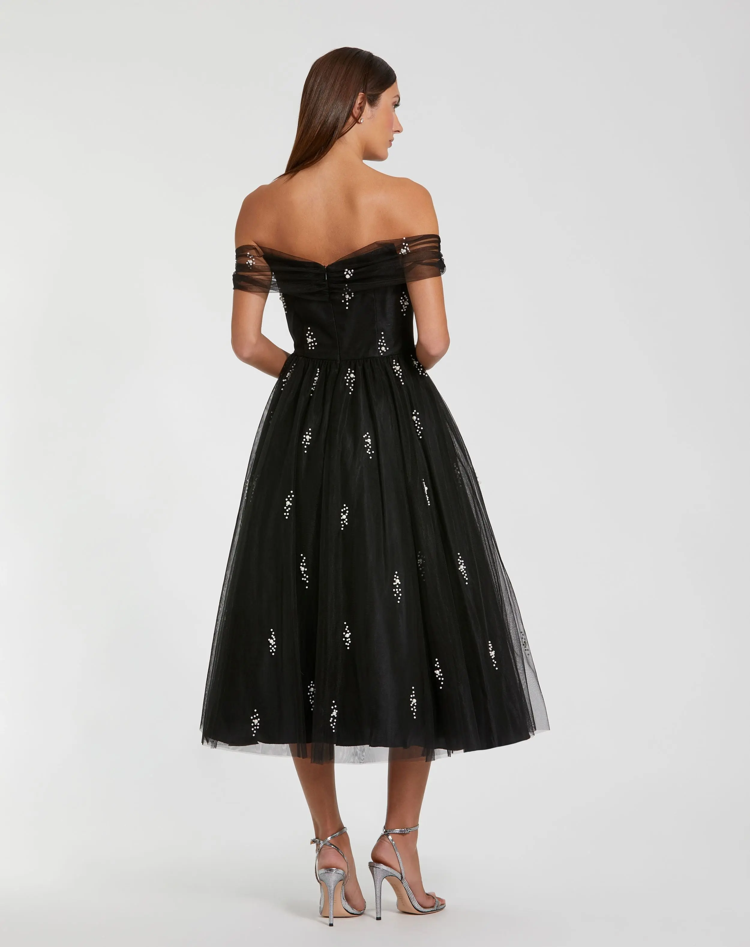 Black Tulle Off The Shoulder Pearl Embellished Cocktail Dress - Image 3