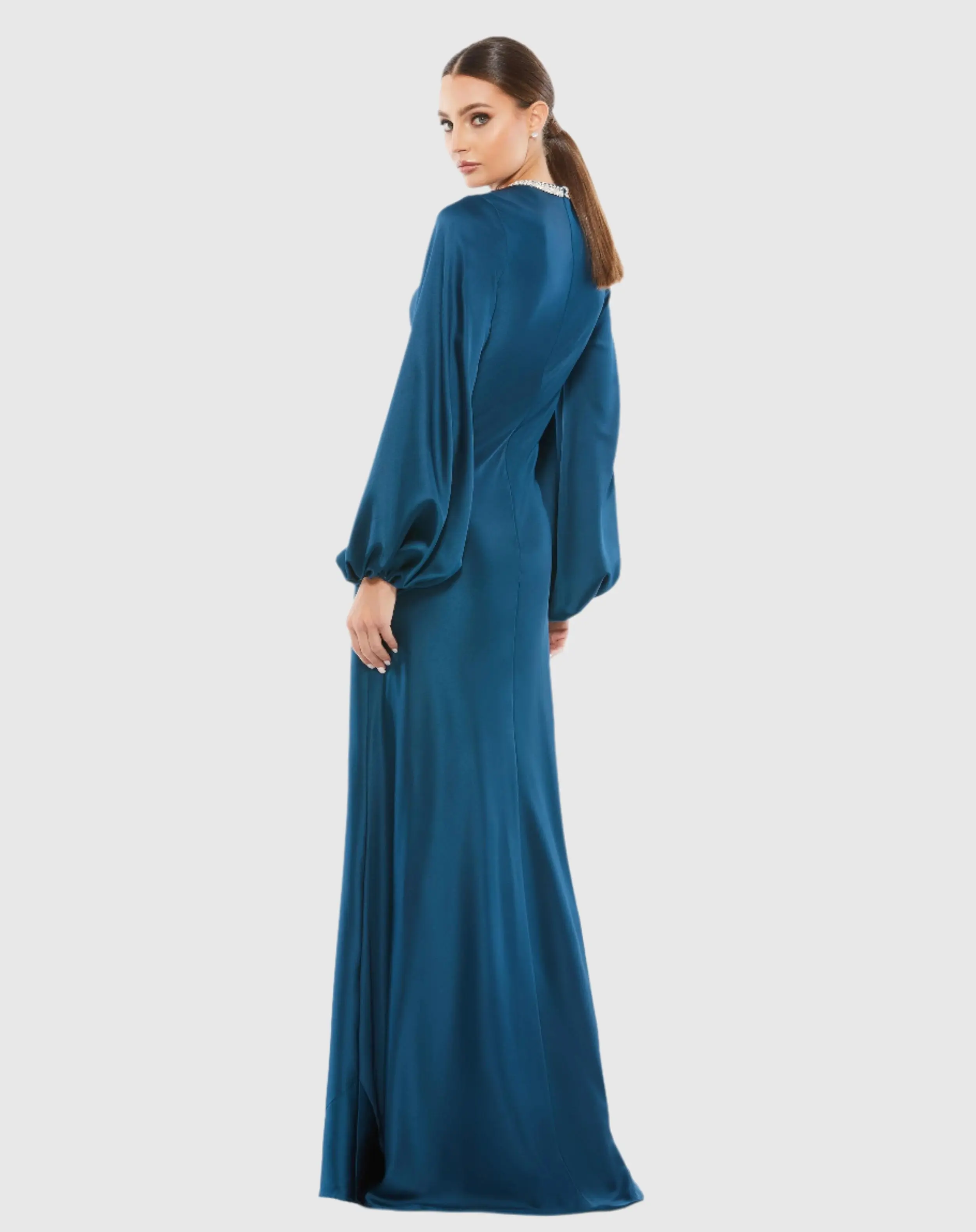 Blue Beaded High Neck Bishop Sleeve Satin Gown - Image 3
