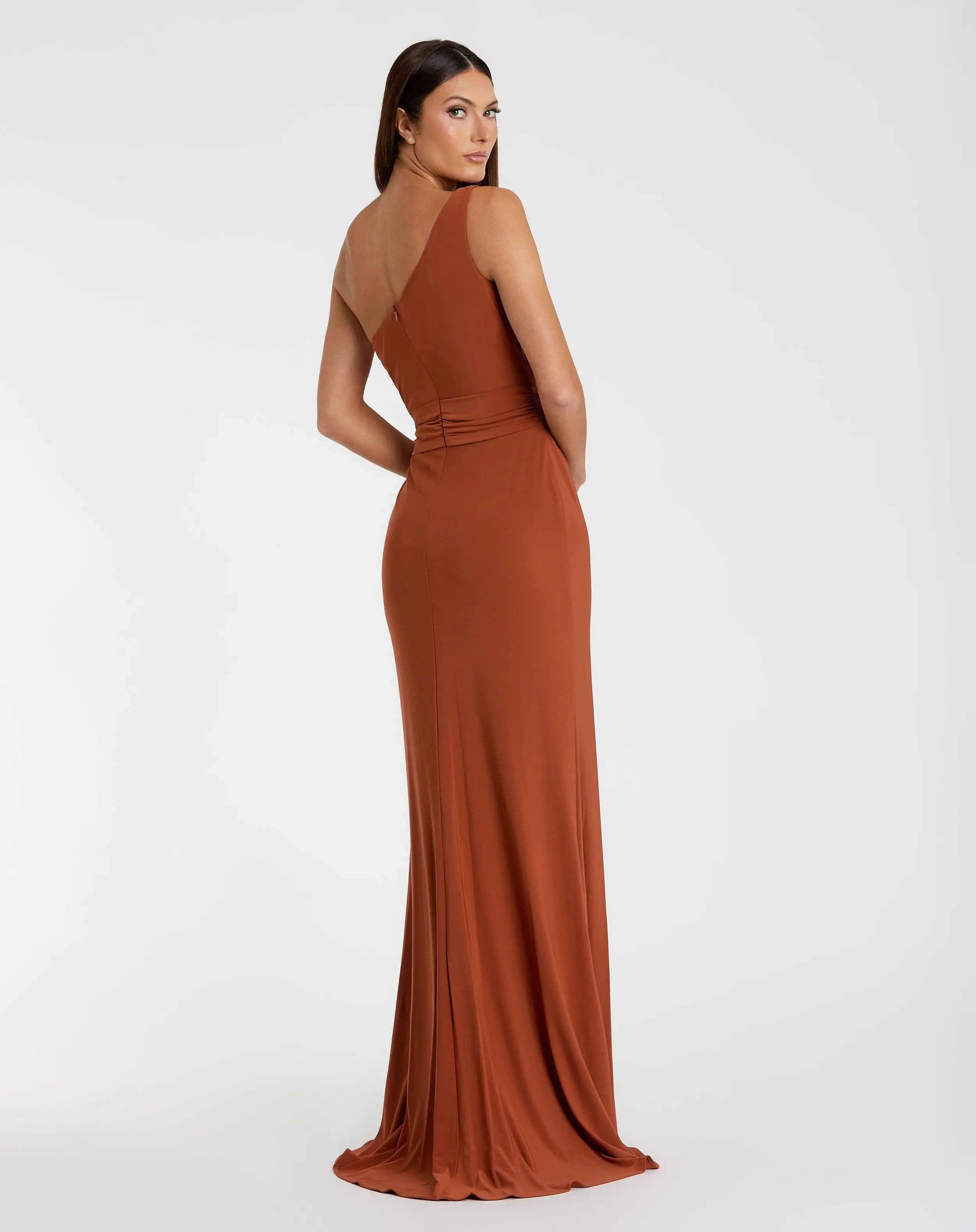 Orange Jersey One Shoulder Belted Trumpet Gown - Image 3