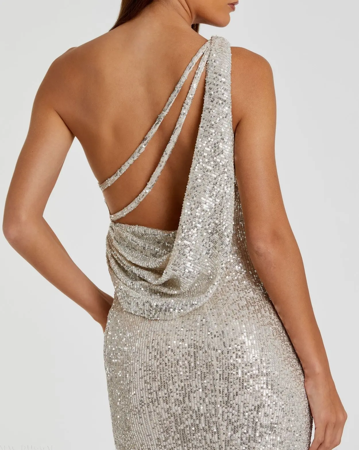 Silver Sequined One Shoulder Draped Back Gown - Image 2
