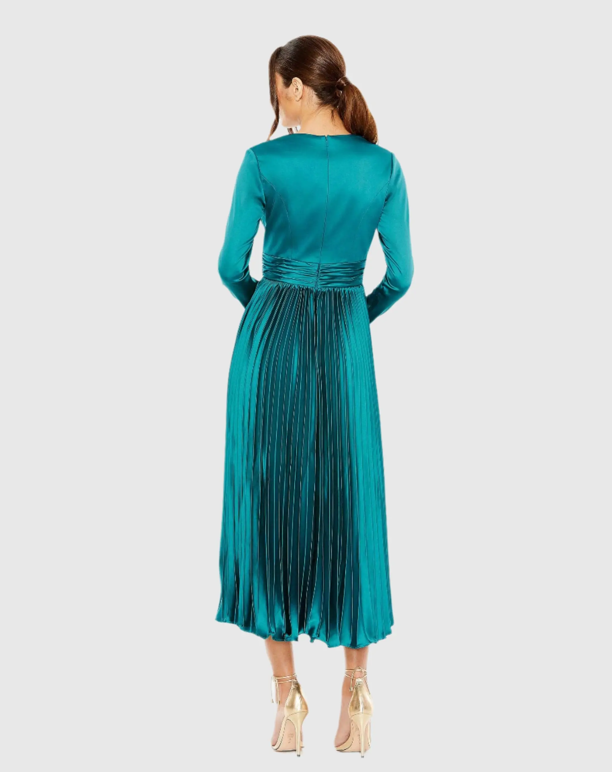 Blue Pleated Long Sleeve V-Neck Dress - Image 3