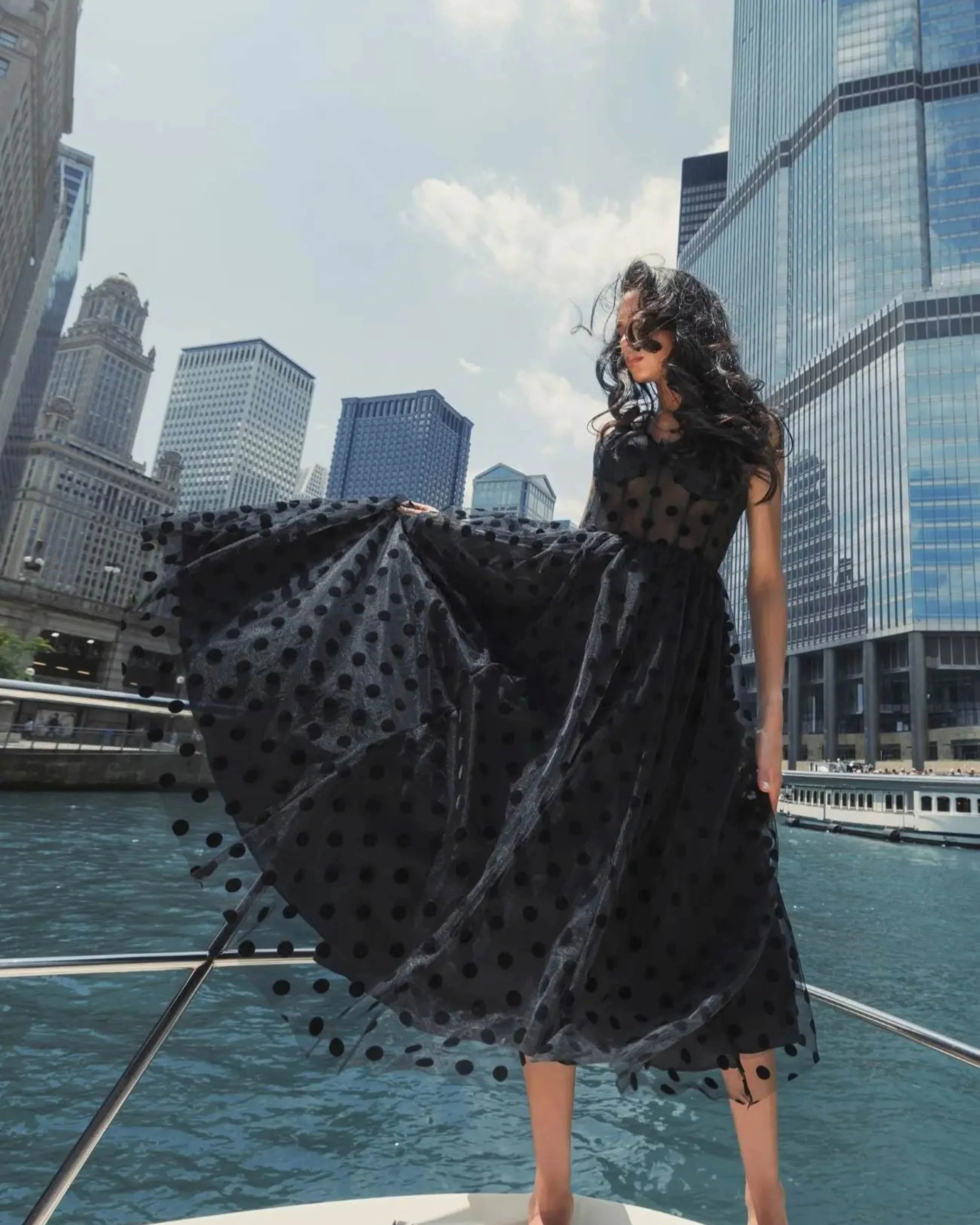 Black Polka Dot Tulle A-Line Midi Dress - Image 4