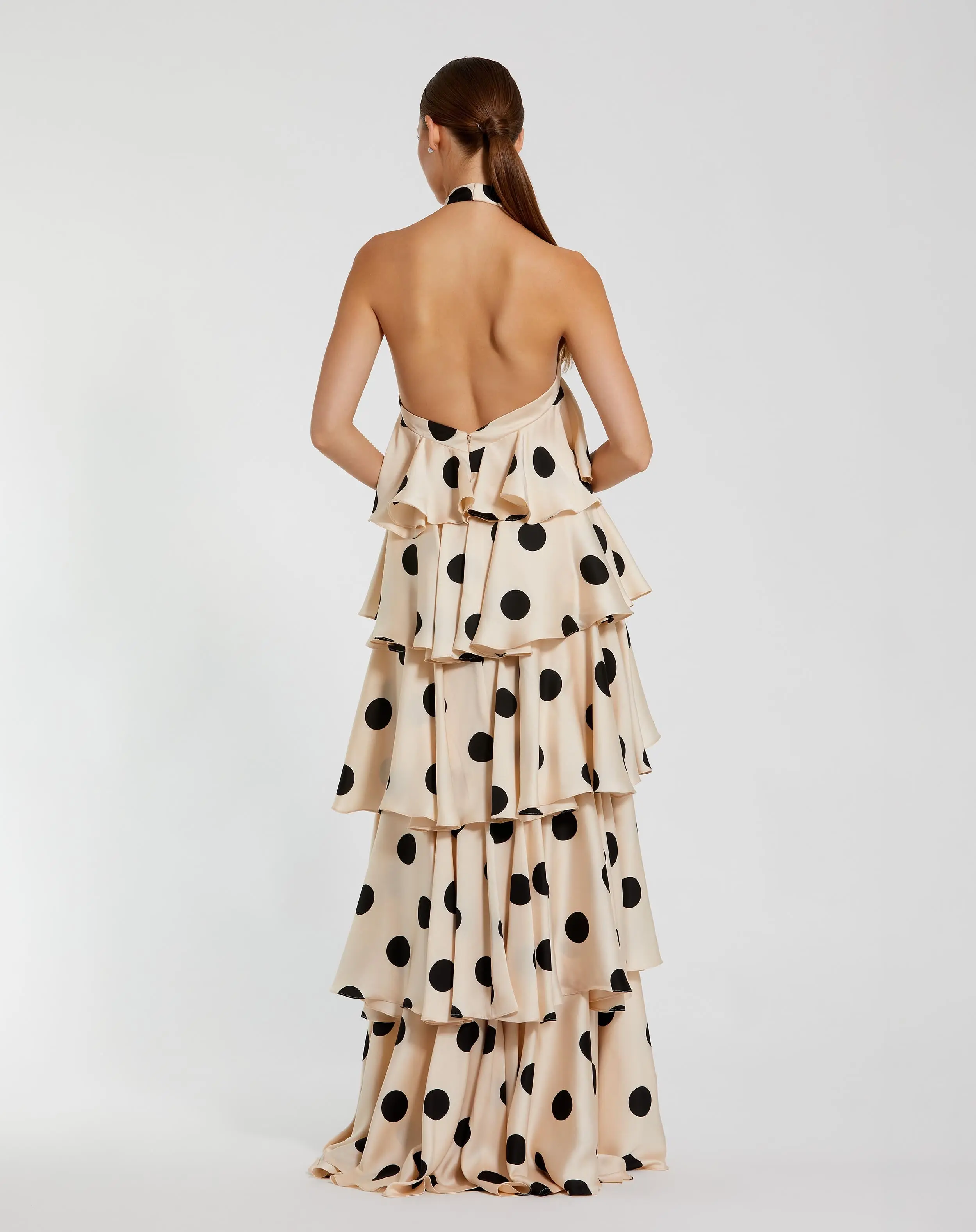 Beige Tiered Ruffle Polka Dot Charmeuse Gown - Image 2