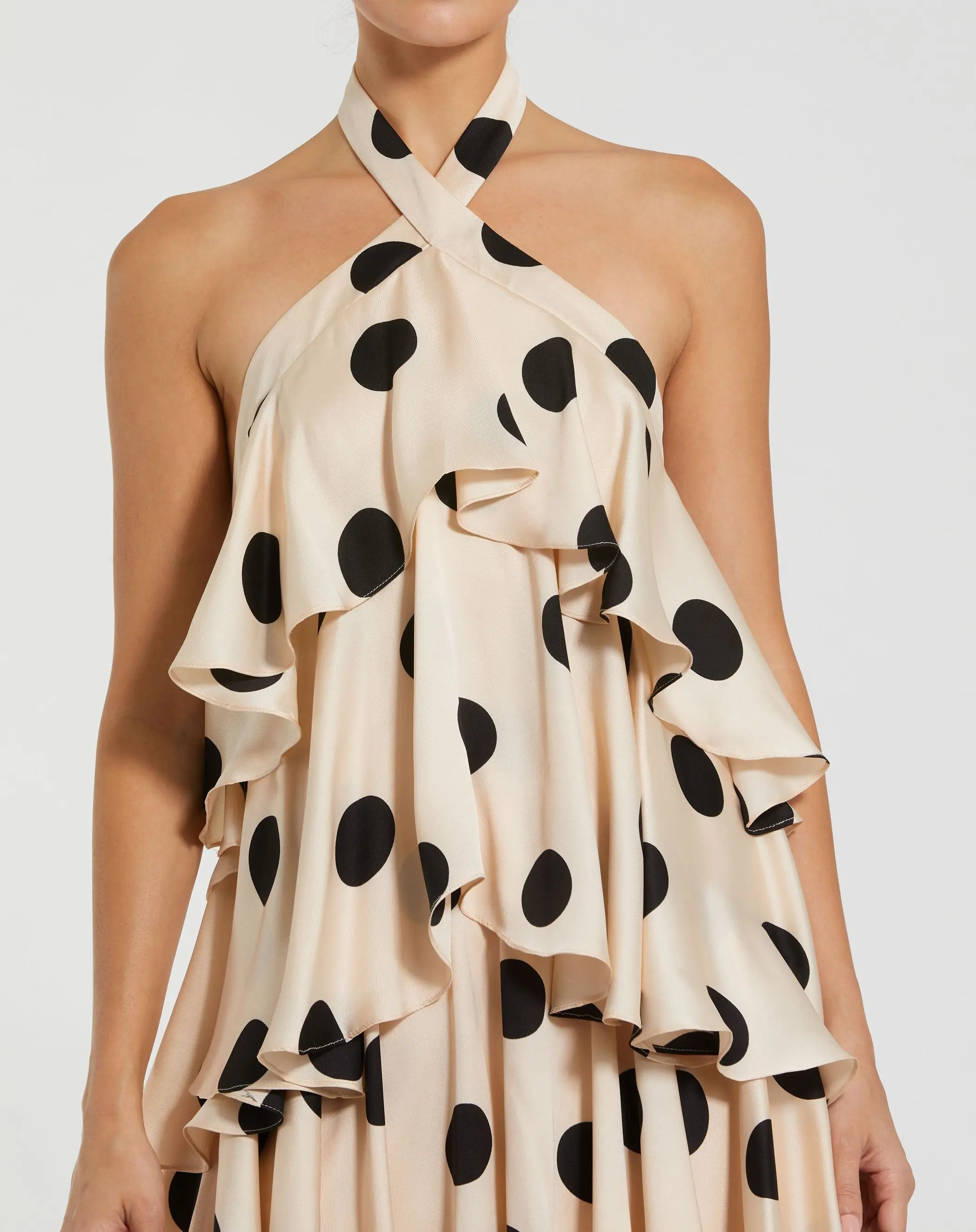Beige Tiered Ruffle Polka Dot Charmeuse Gown - Image 3