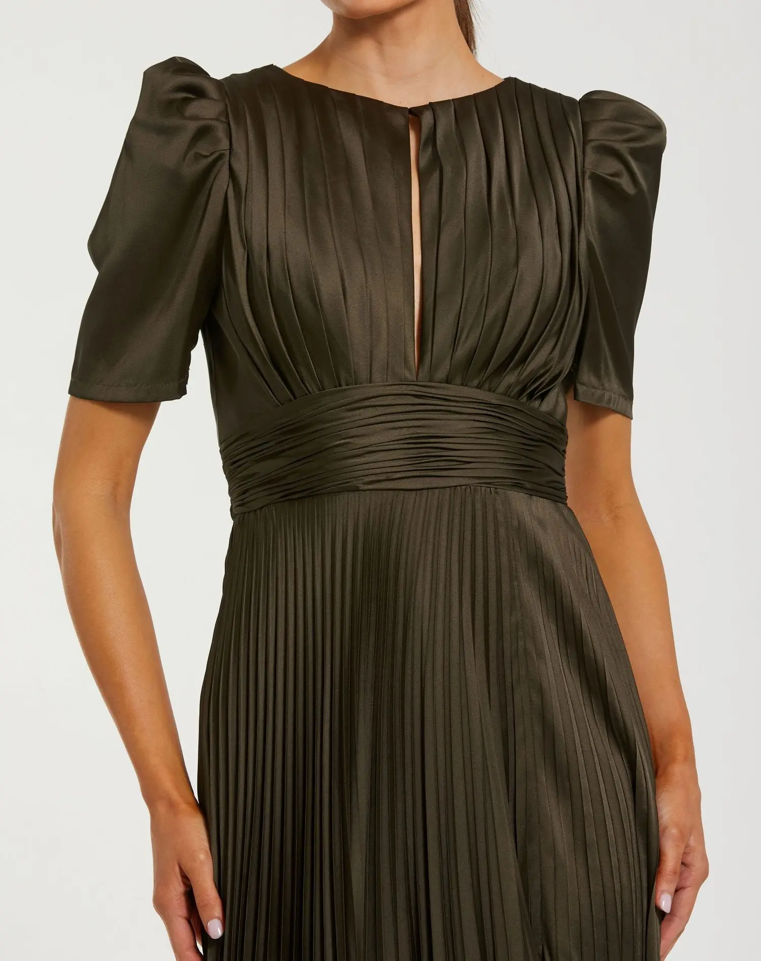 Dark Green Pleated Charmeuse Puff Sleeve Evening Gown With Slit - Image 2