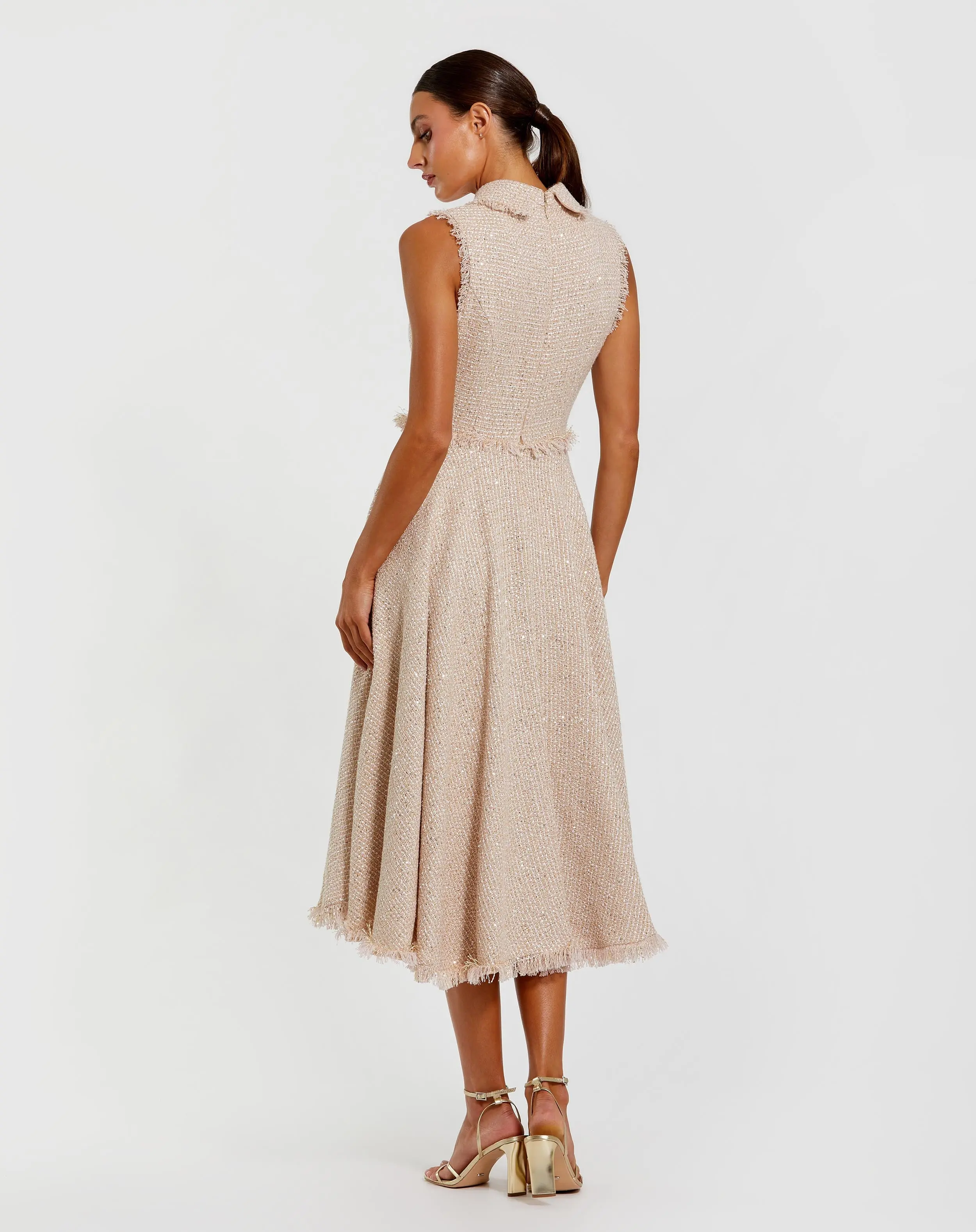 Pink Boucle Sleeveless Collared Button Up Midi Dress - Image 3