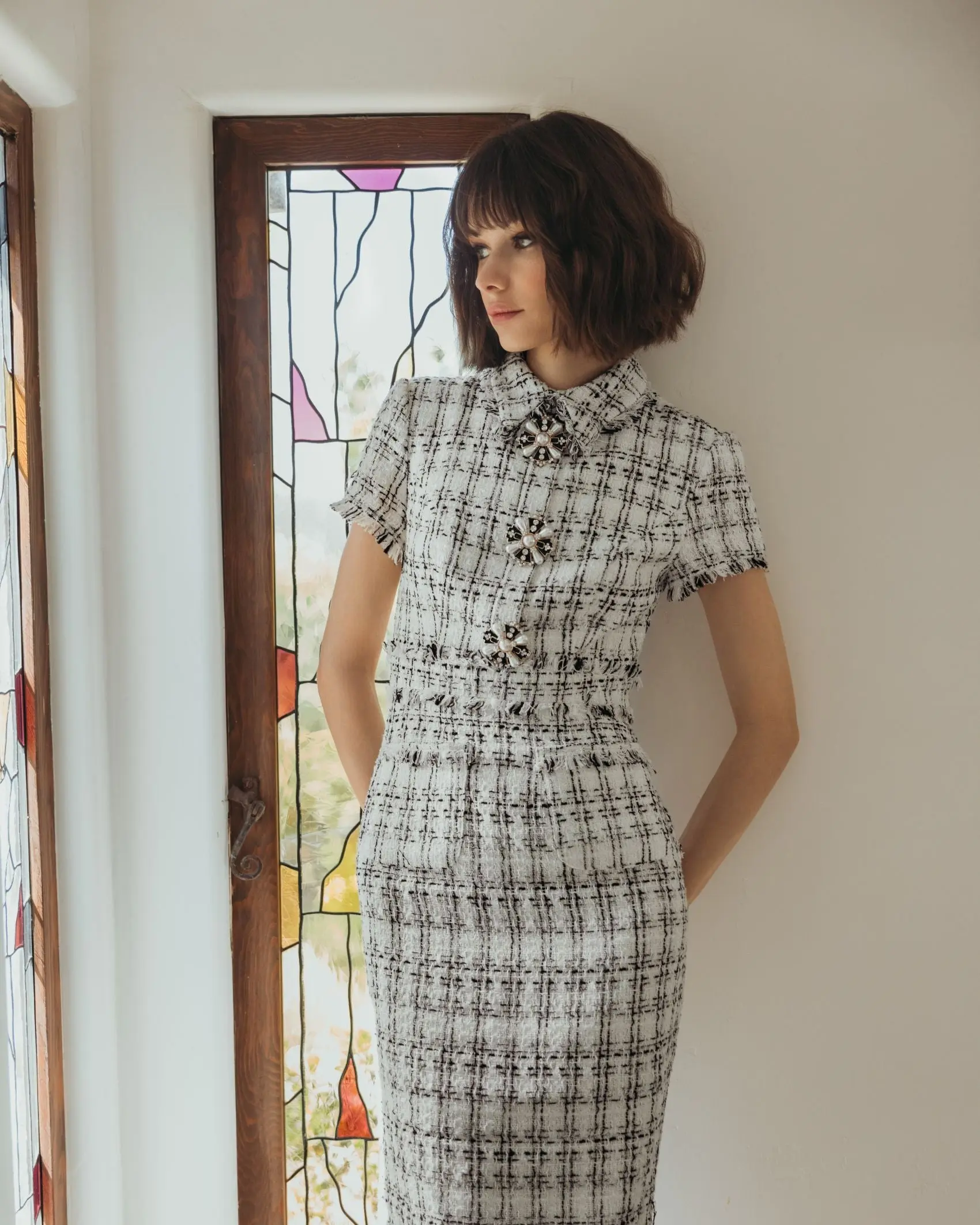White Fitted Boucle Short Sleeve Button Up Midi Dress - Image 6