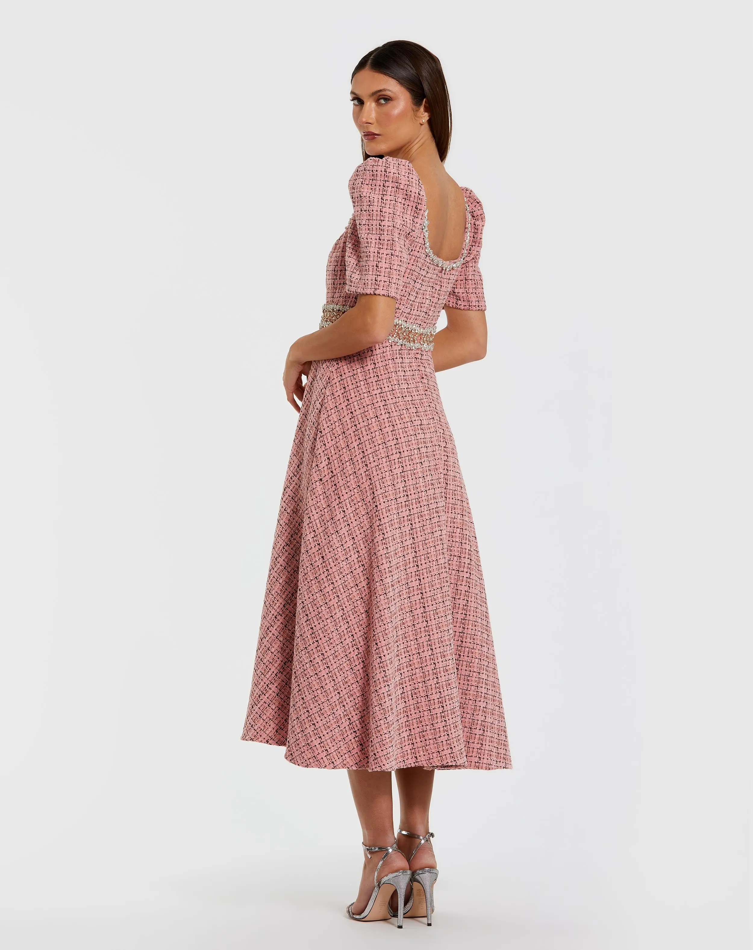 Pink Puff Sleeve Boucle Midi Dress With Beaded Belt - Image 3