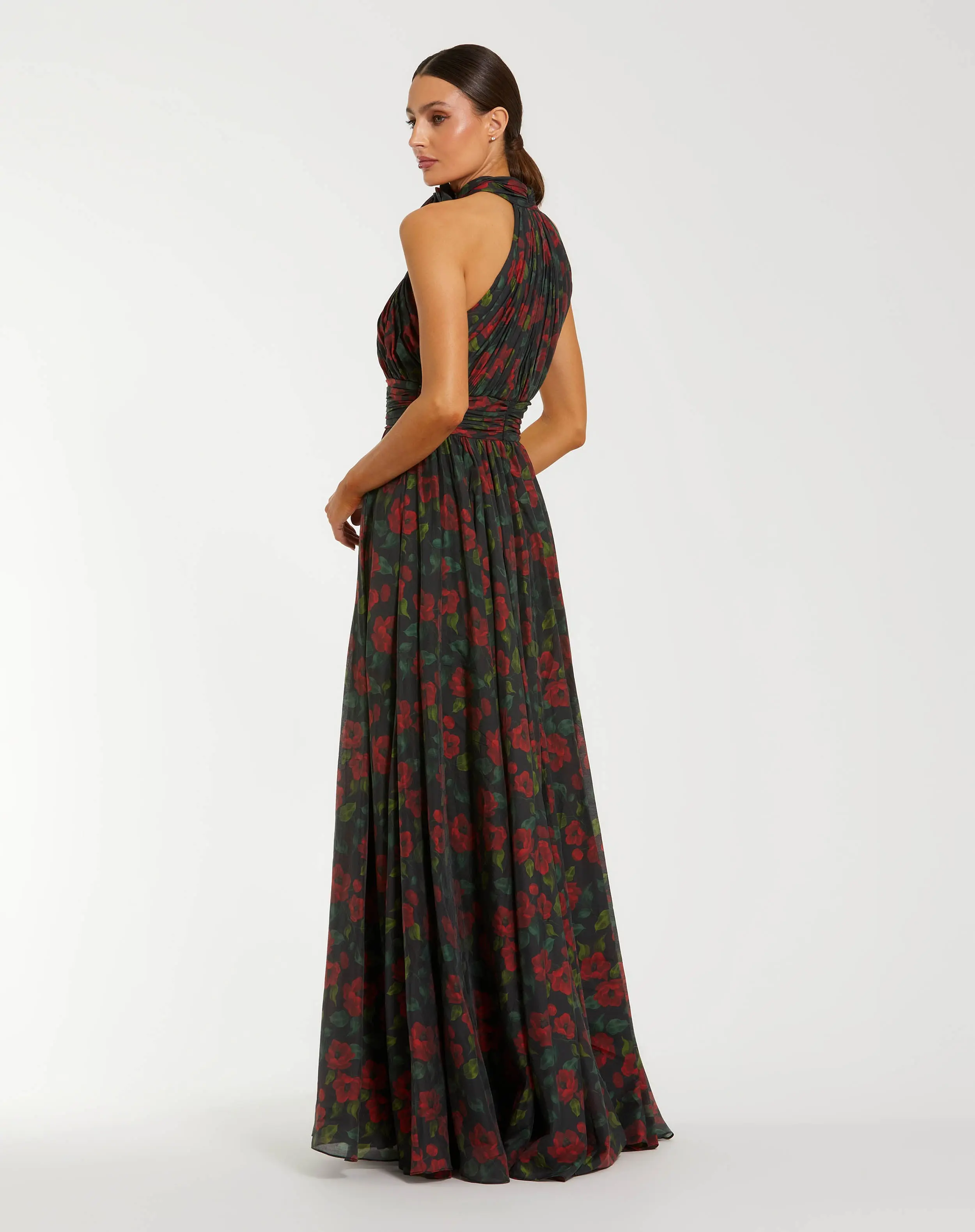 Black Floral Print Halter Neck Gown with Rosette - Image 3
