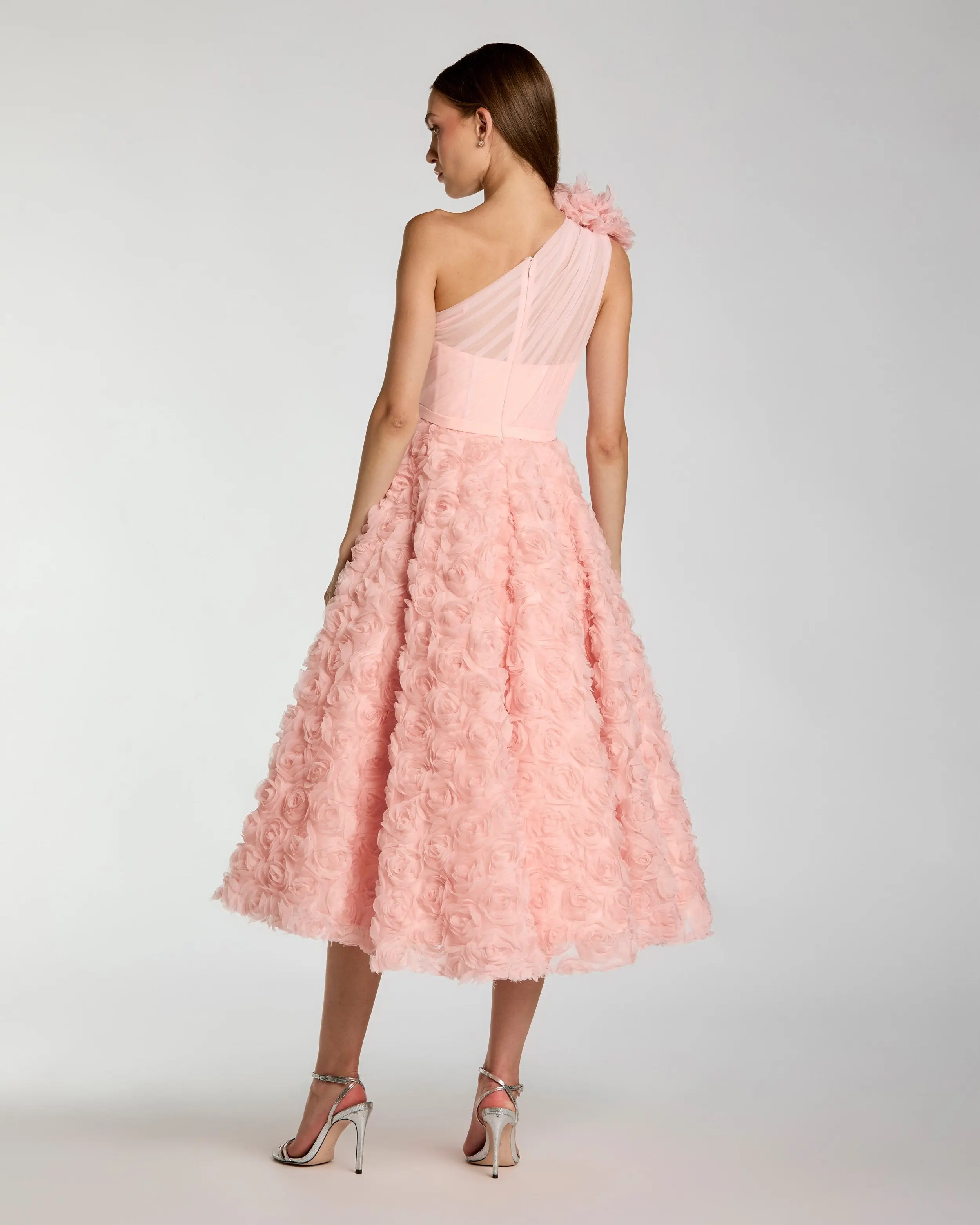 Pink One Shoulder 3D Floral Rosette Midi Dress - Image 3