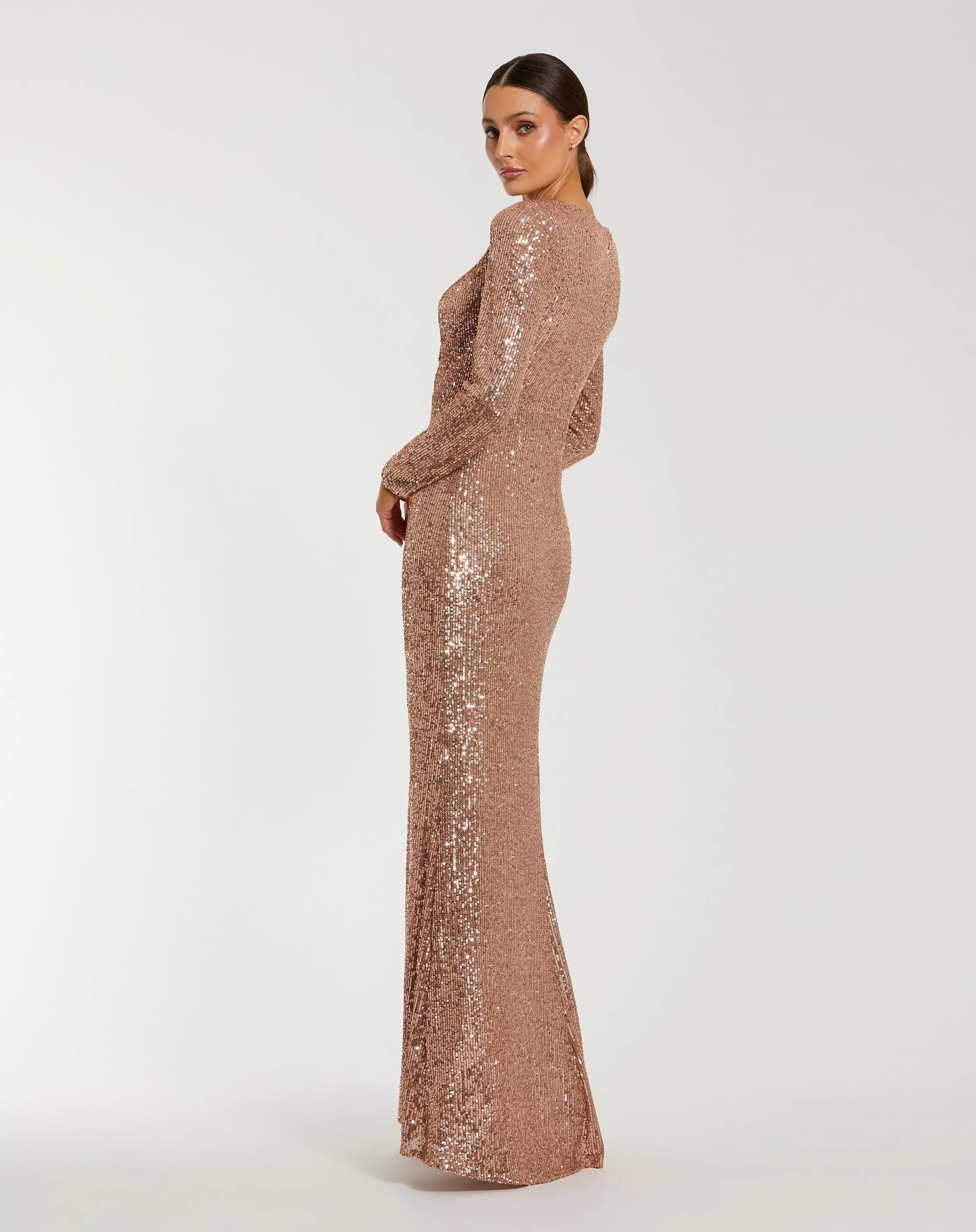 Light Pink Long Sleeve V Neck Sequin Gown With 3D Flower - Image 3