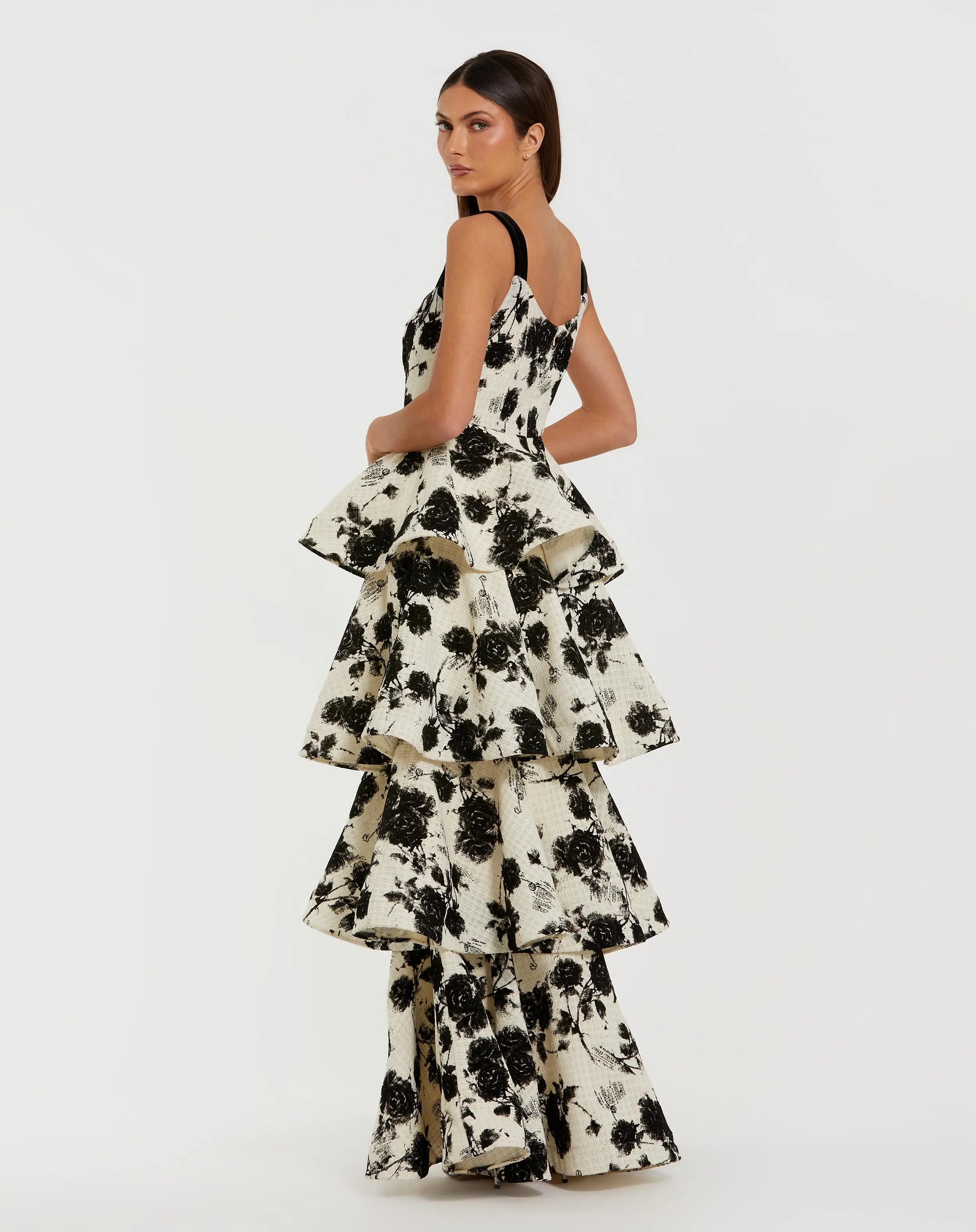 Black and White Floral Boucle Tiered Ruffle Gown - Image 3