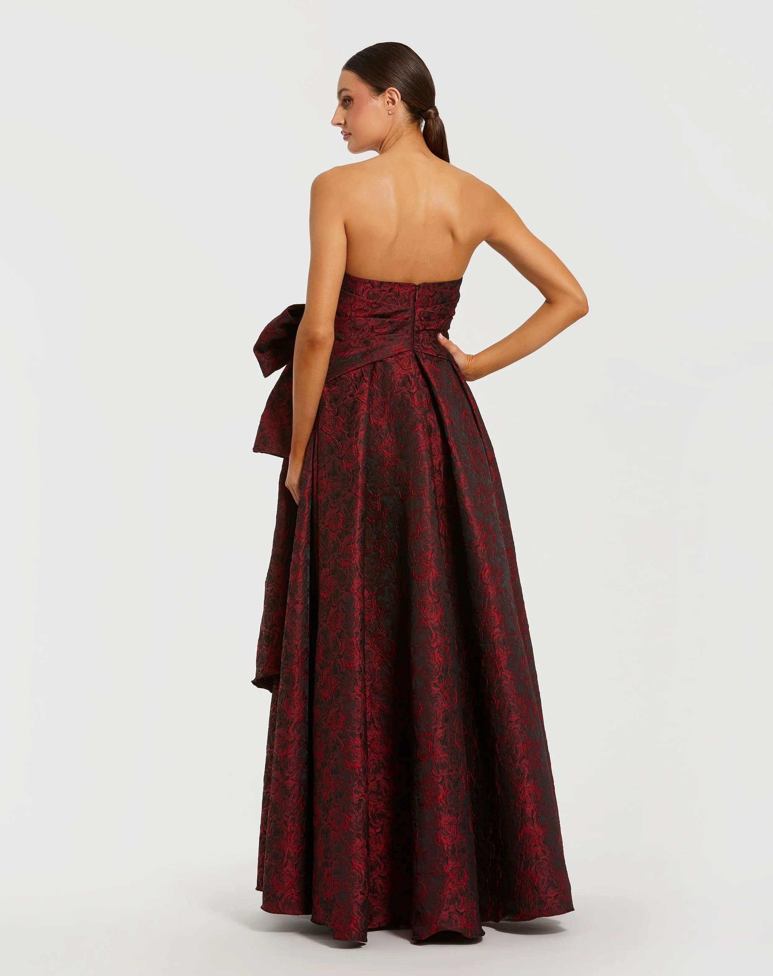 Red Strapless Brocade Gown With Bow Detail - Image 3