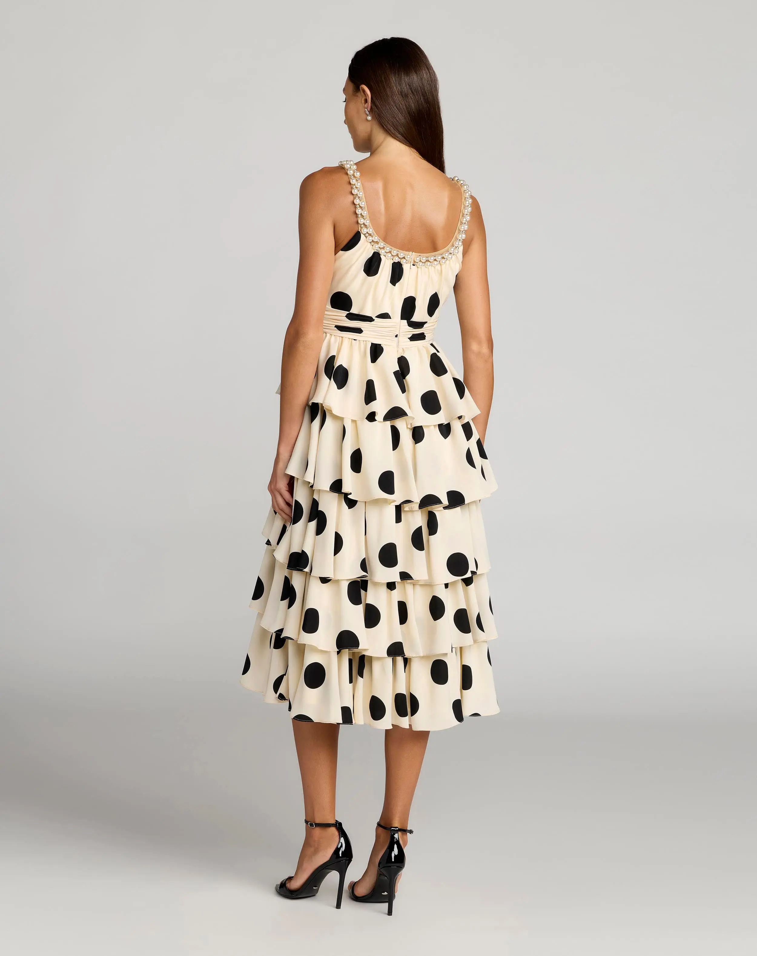 Beige Polka Dot Pearl Trim Ruffle Midi Dress - Image 3