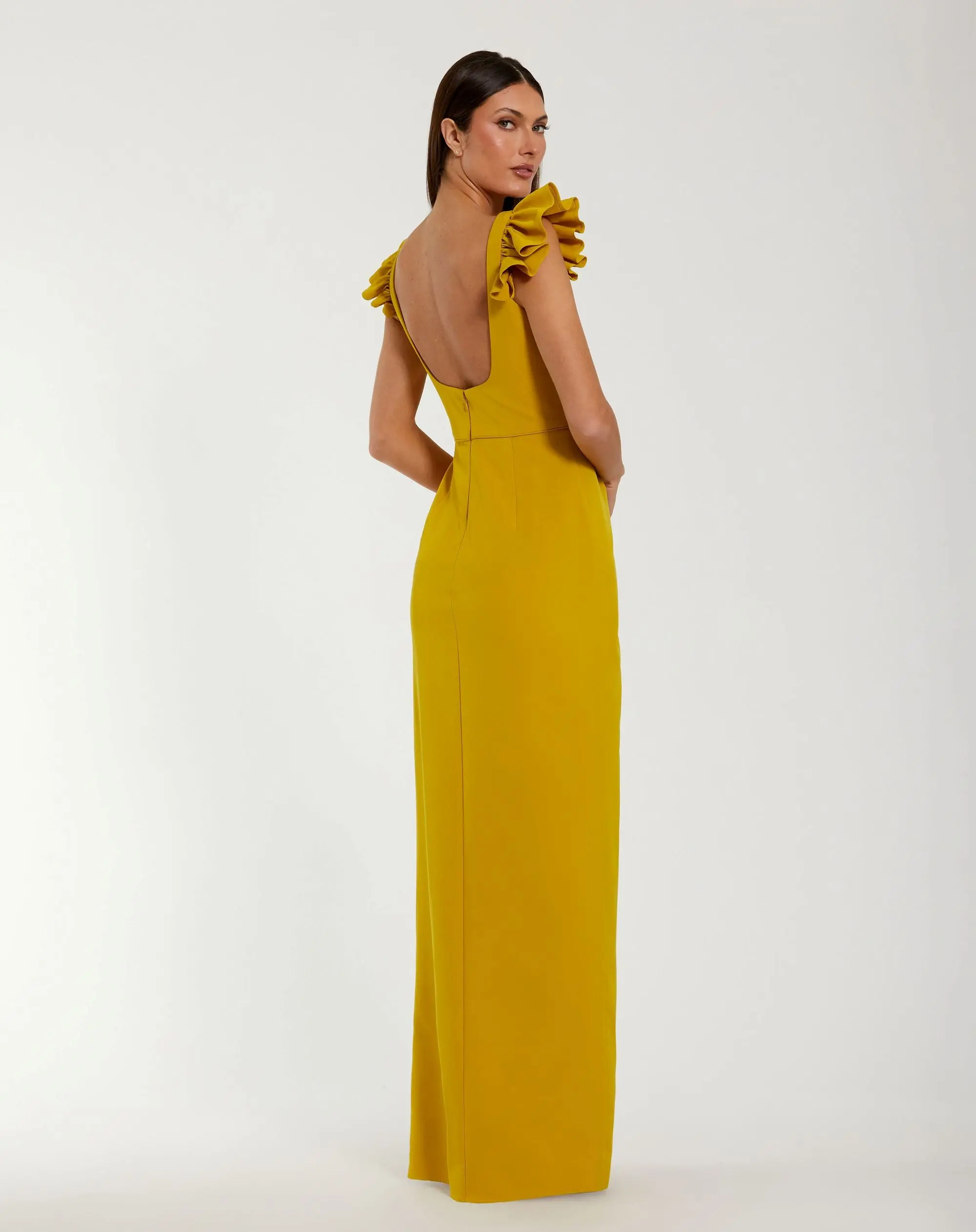 Yellow Square Neck Column Gown With Ruffle Detail - Image 3