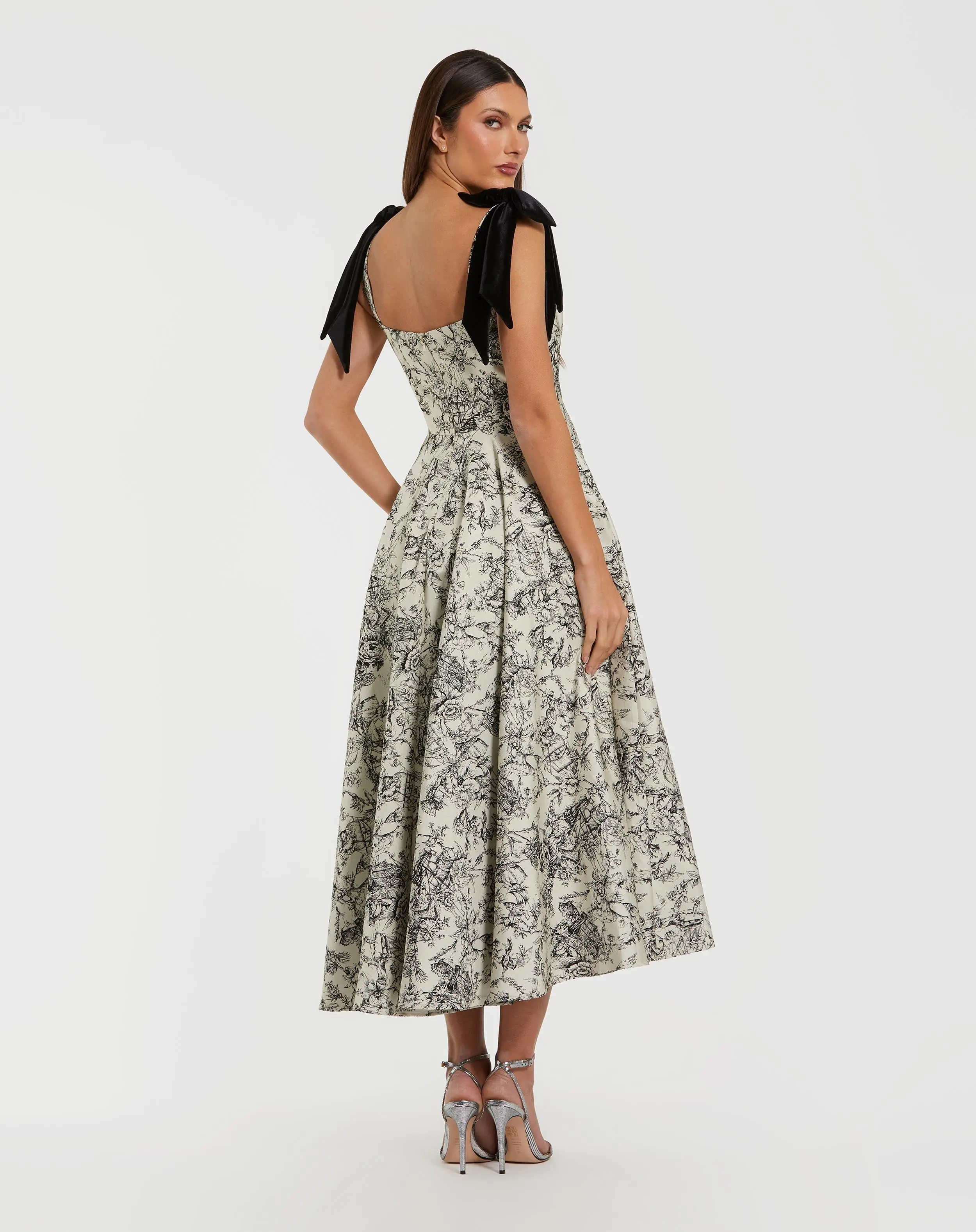 Black Ivory Brocade A Line Midi Dress With Bow Straps - Image 3