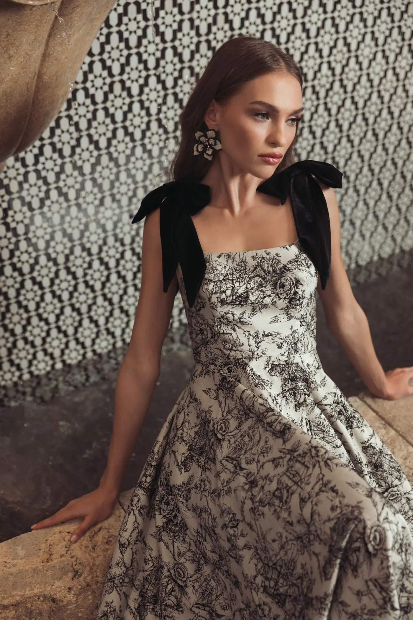 Black Ivory Brocade A Line Midi Dress With Bow Straps - Image 6