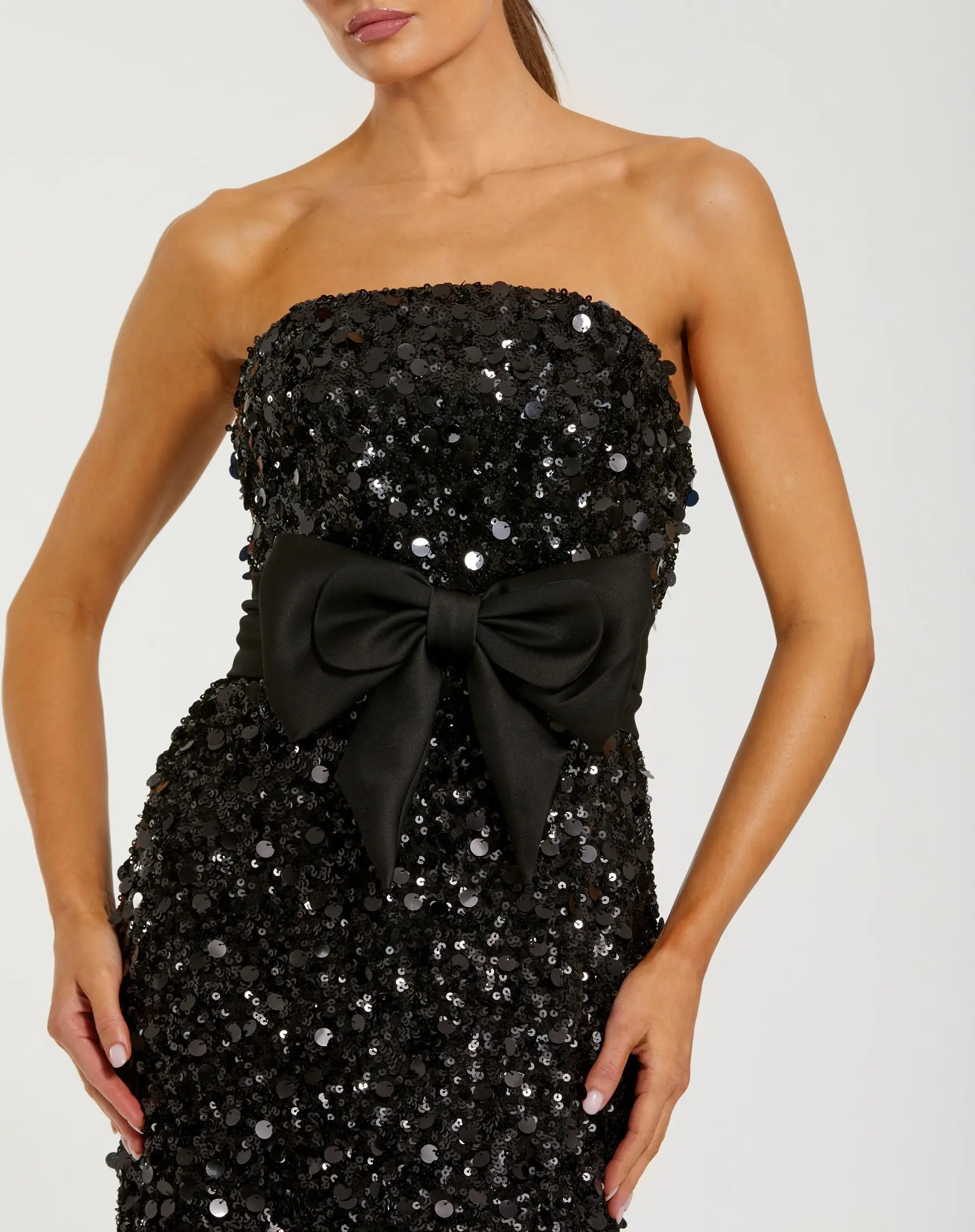 Black Strapless Sequin Evening Gown With Bow - Image 2