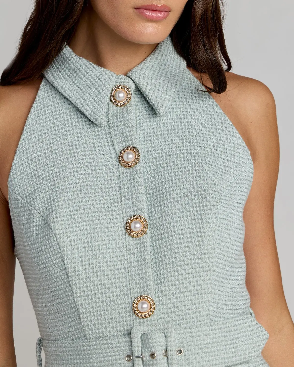 Blue Pleated A Line Mini Dress with Pearl Button Detail - Image 2