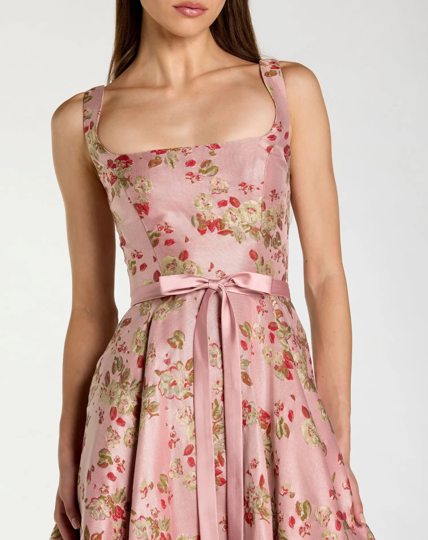 Pink Sleeveless Brocade A Line Midi Dress - Image 2