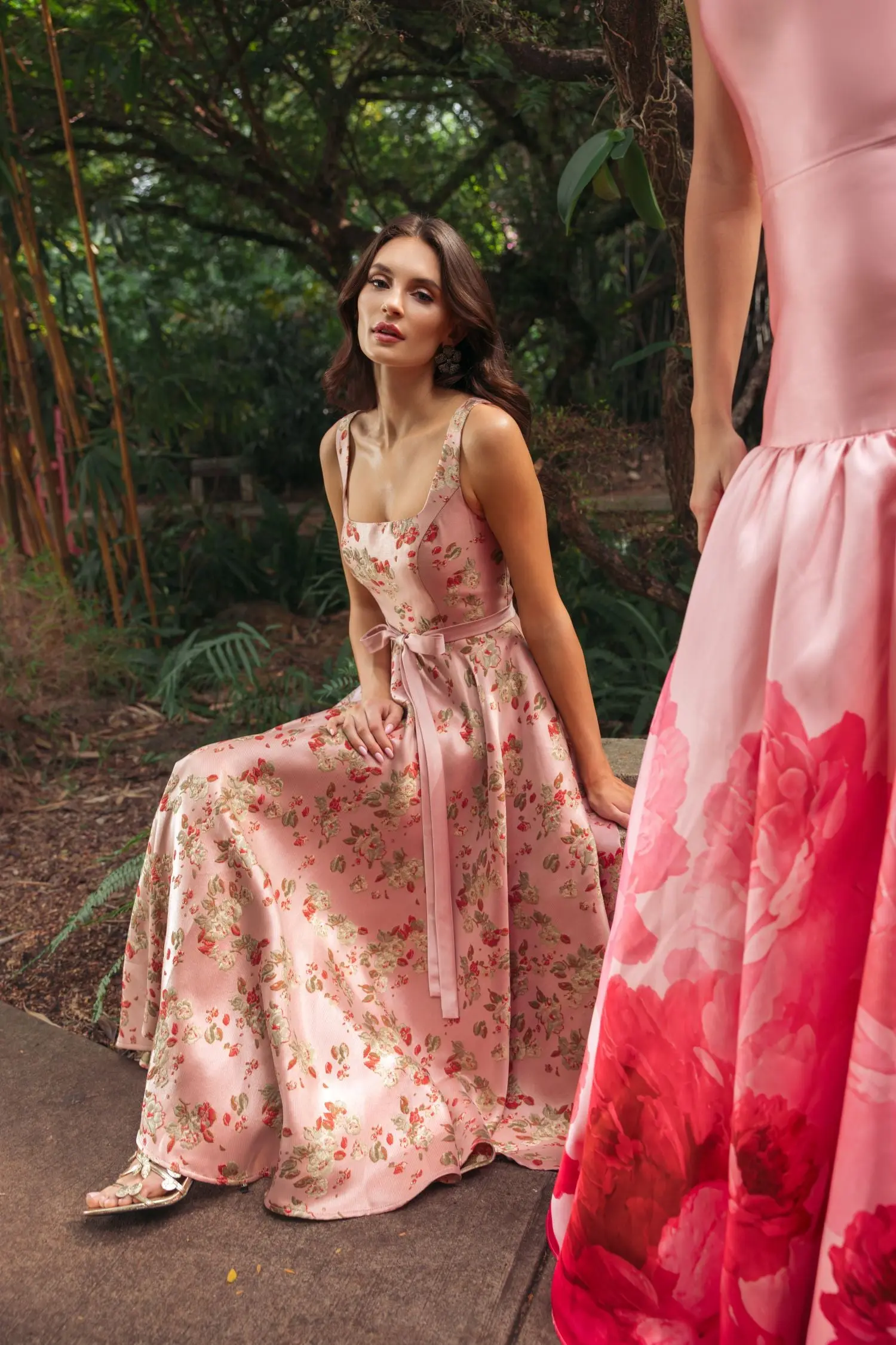 Pink Sleeveless Brocade A Line Midi Dress - Image 6