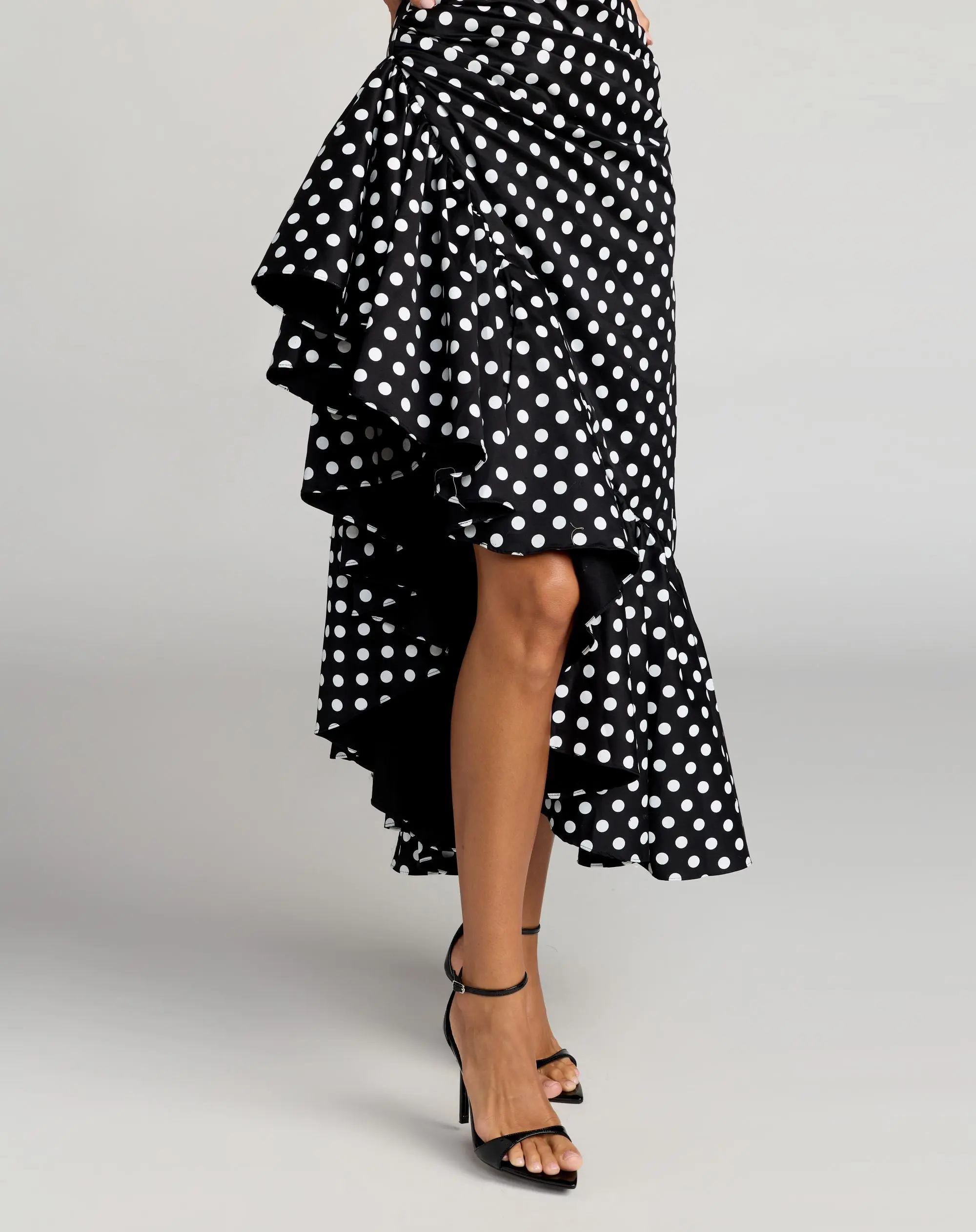 Black Sleeveless Polka Dot Midi Dress With Ruffled Hem - Image 3