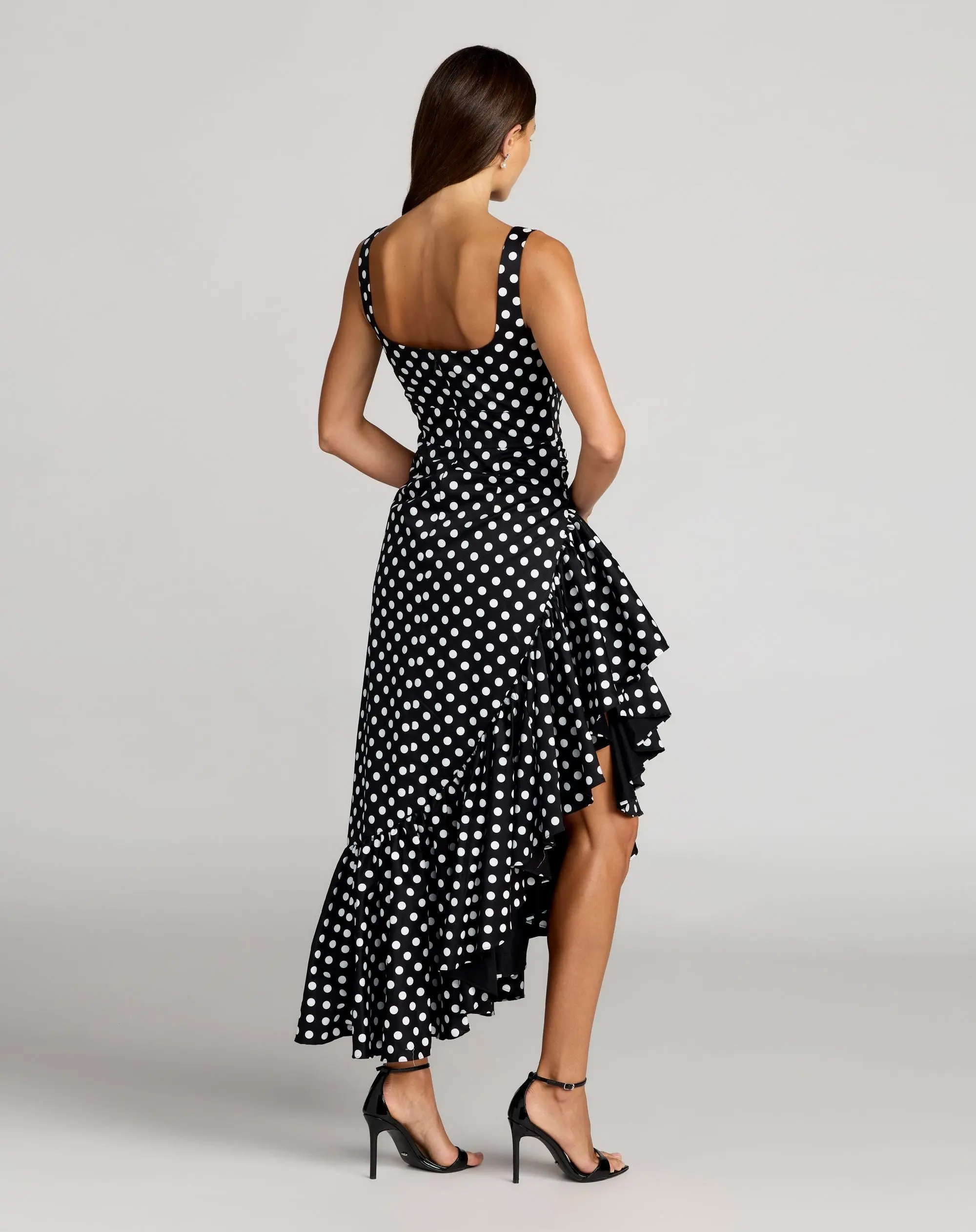 Black Sleeveless Polka Dot Midi Dress With Ruffled Hem - Image 4