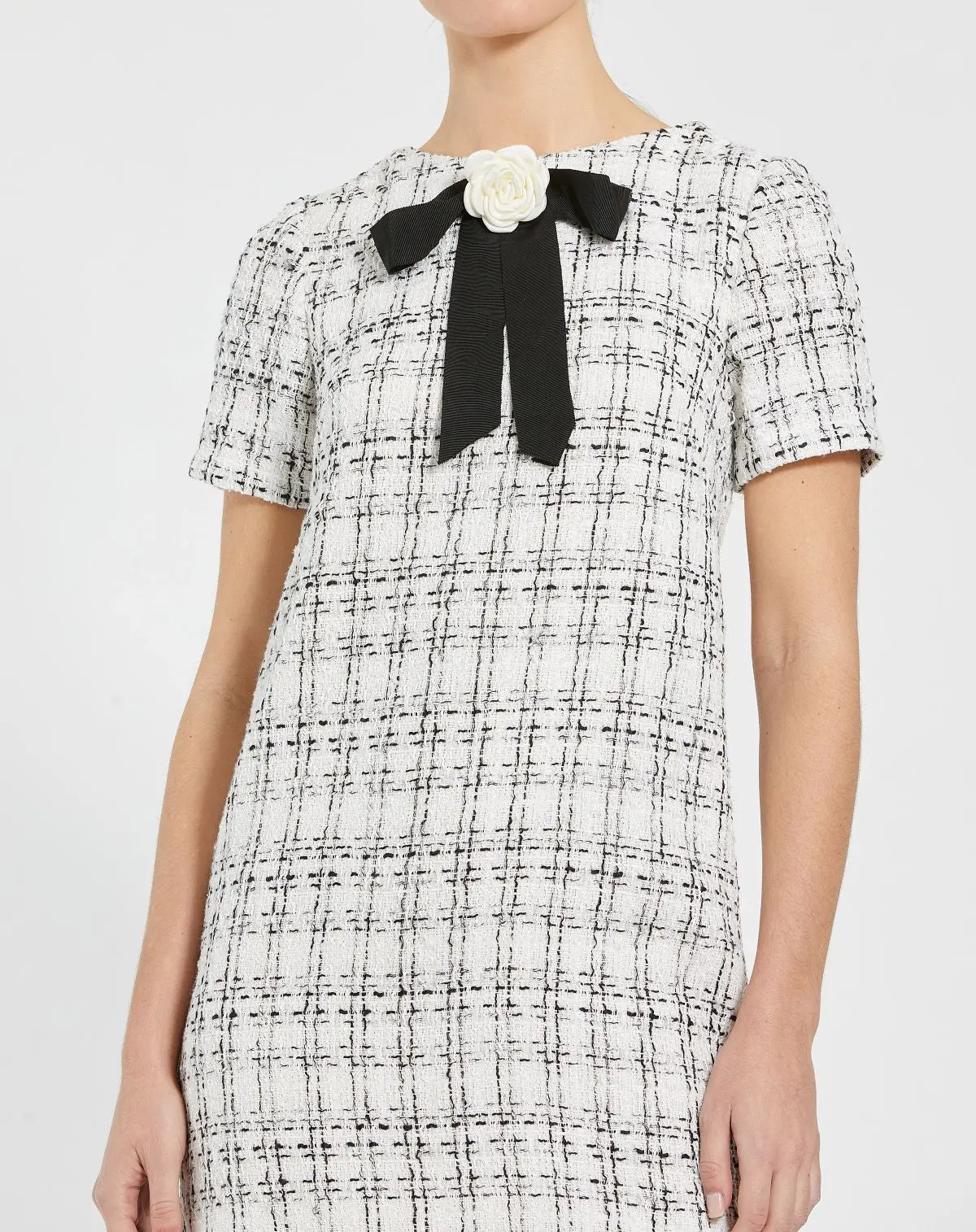 White Short Sleeve Boucle Mini Dress with Bow - Image 2