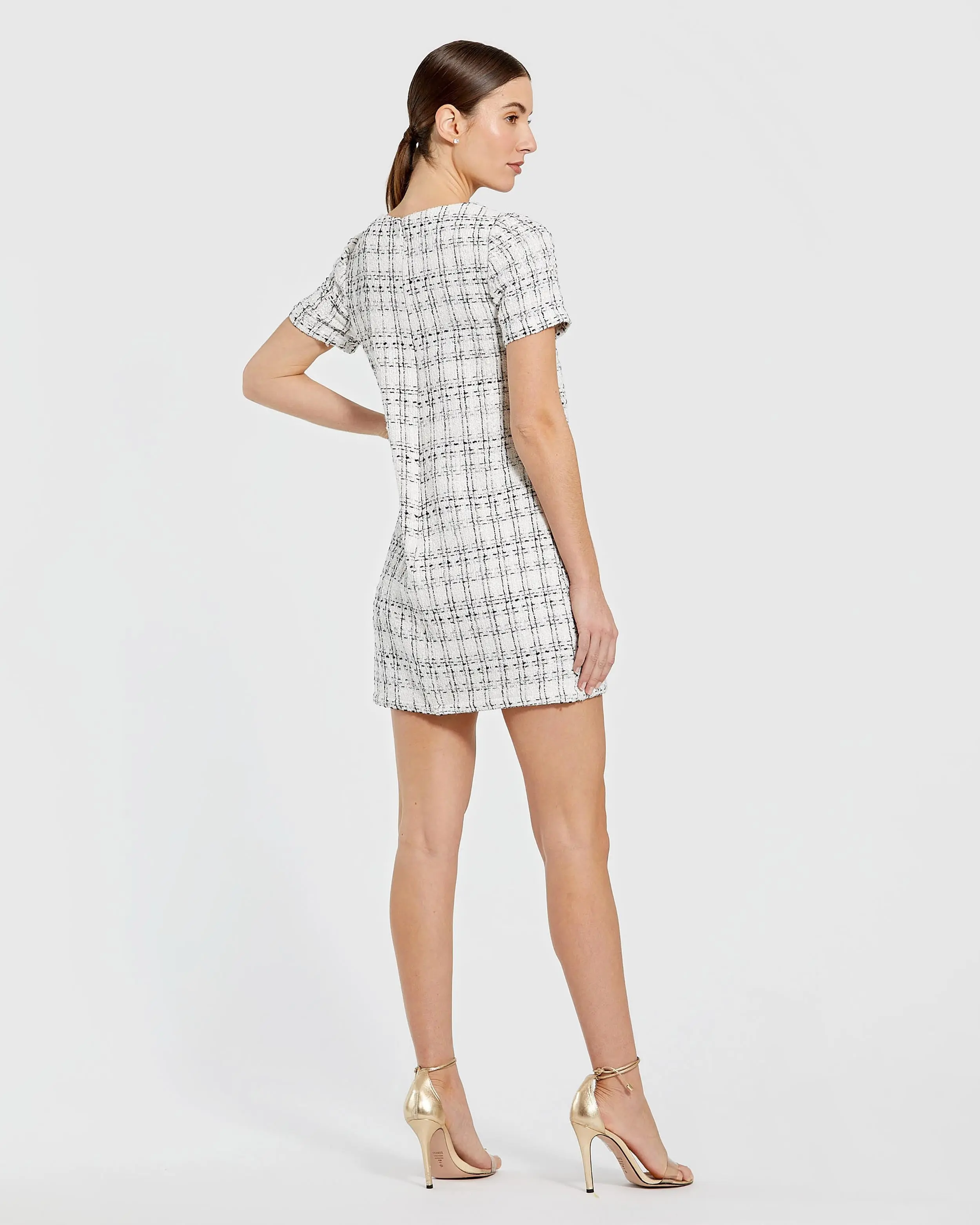 White Short Sleeve Boucle Mini Dress with Bow - Image 3