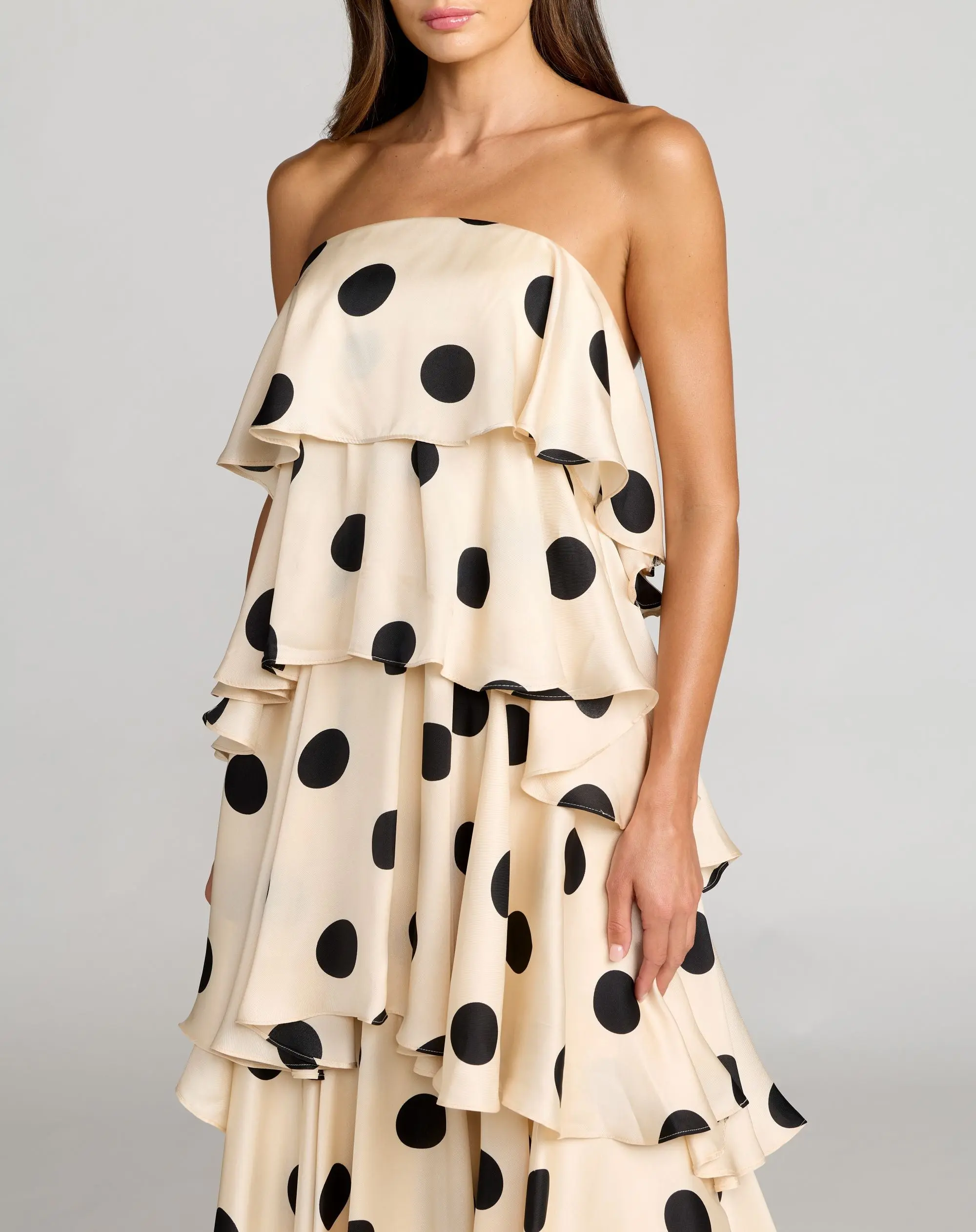 Beige Strapless Polka Dot Charmeuse Ruffle Gown - Image 2