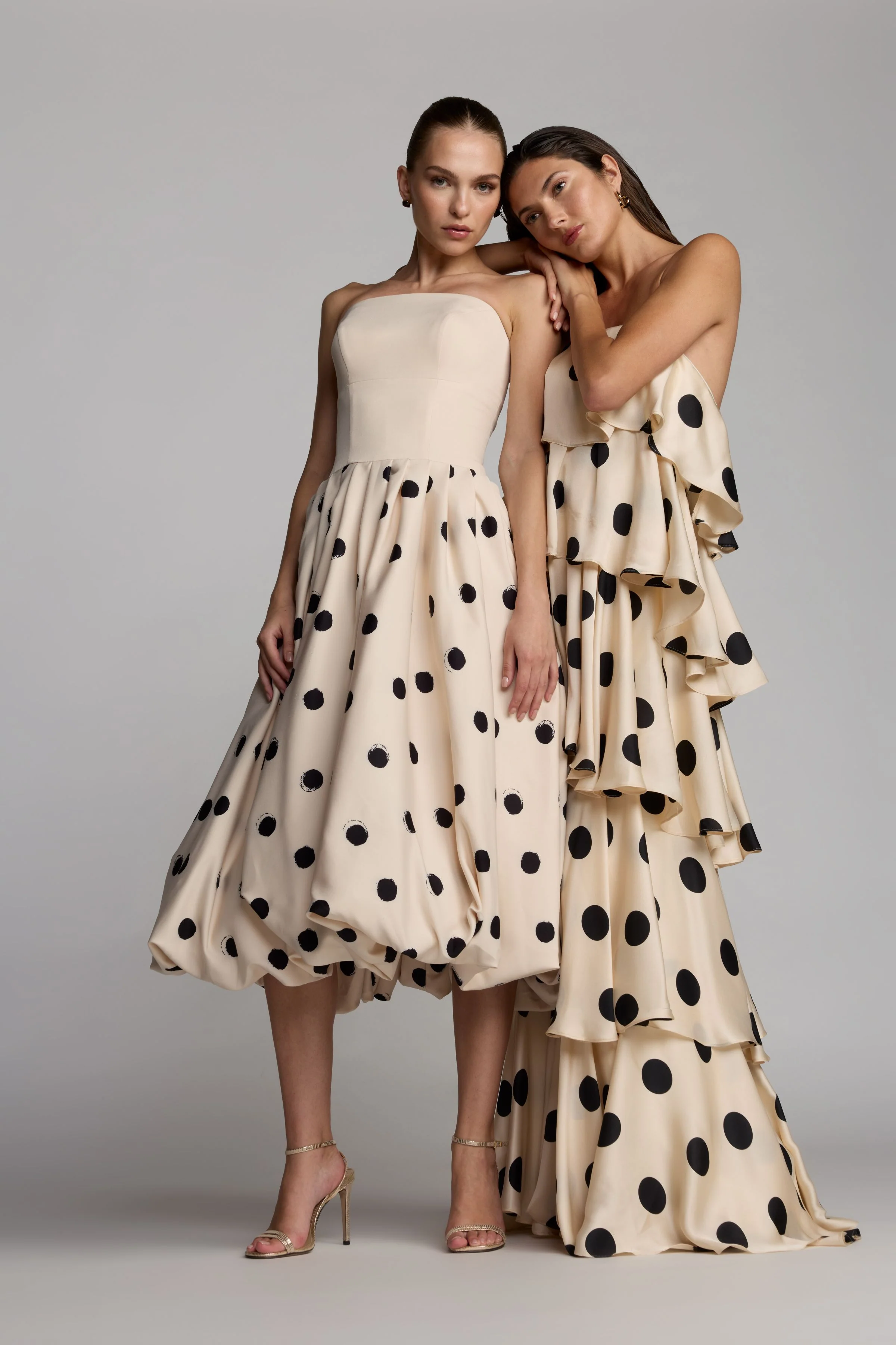 Beige Strapless Polka Dot Charmeuse Ruffle Gown - Image 5