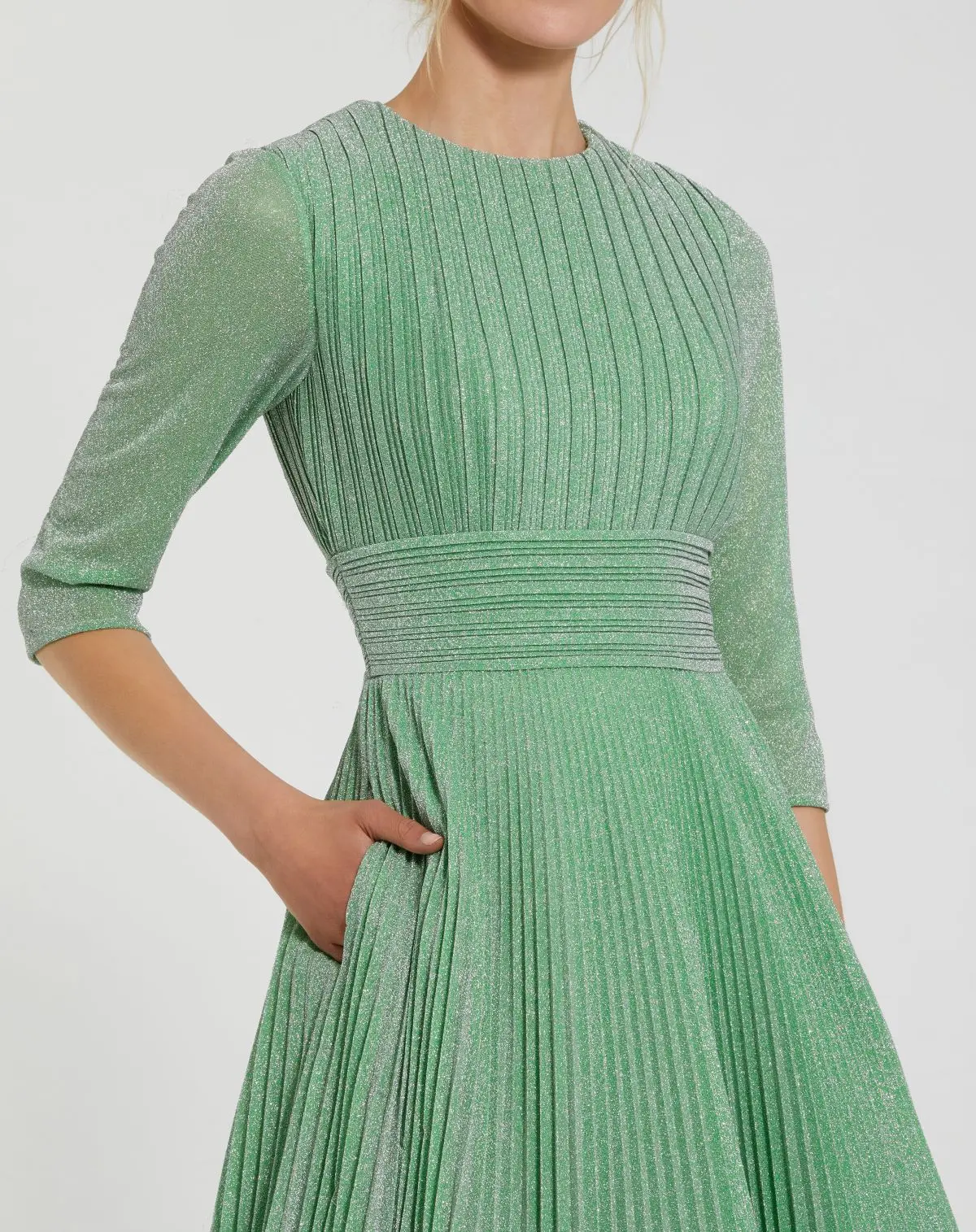 Green Pleated Shimmering 3/4 Sleeve Ball Gown - Image 2