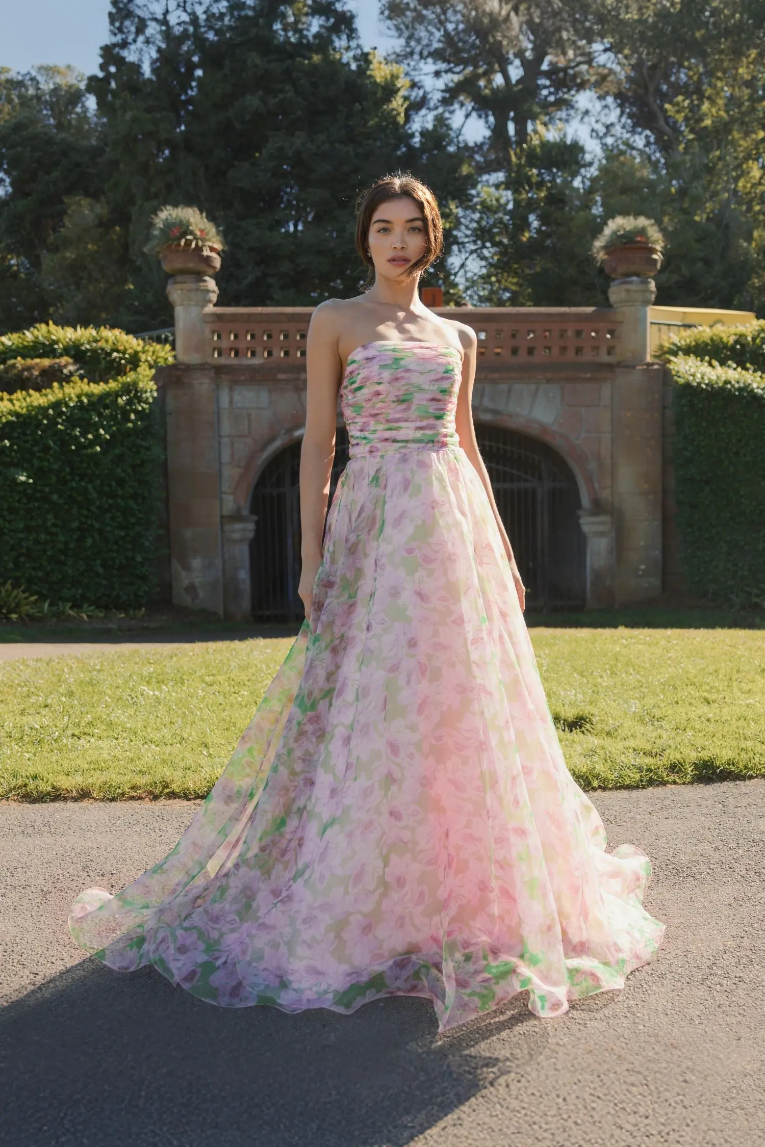 Pink Strapless Floral Chiffon Gown with Ruched Detail - Image 4