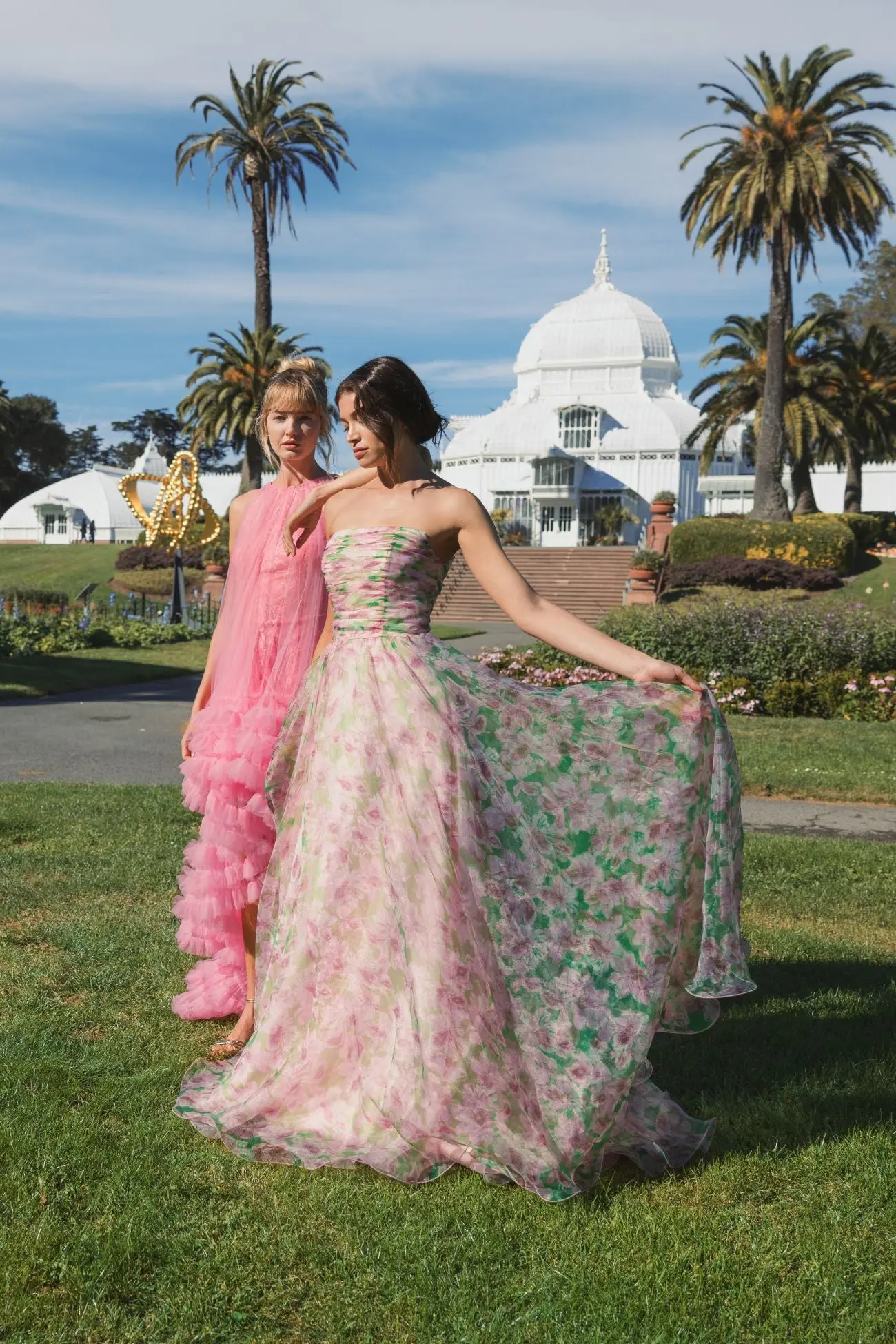 Pink Strapless Floral Chiffon Gown with Ruched Detail - Image 6