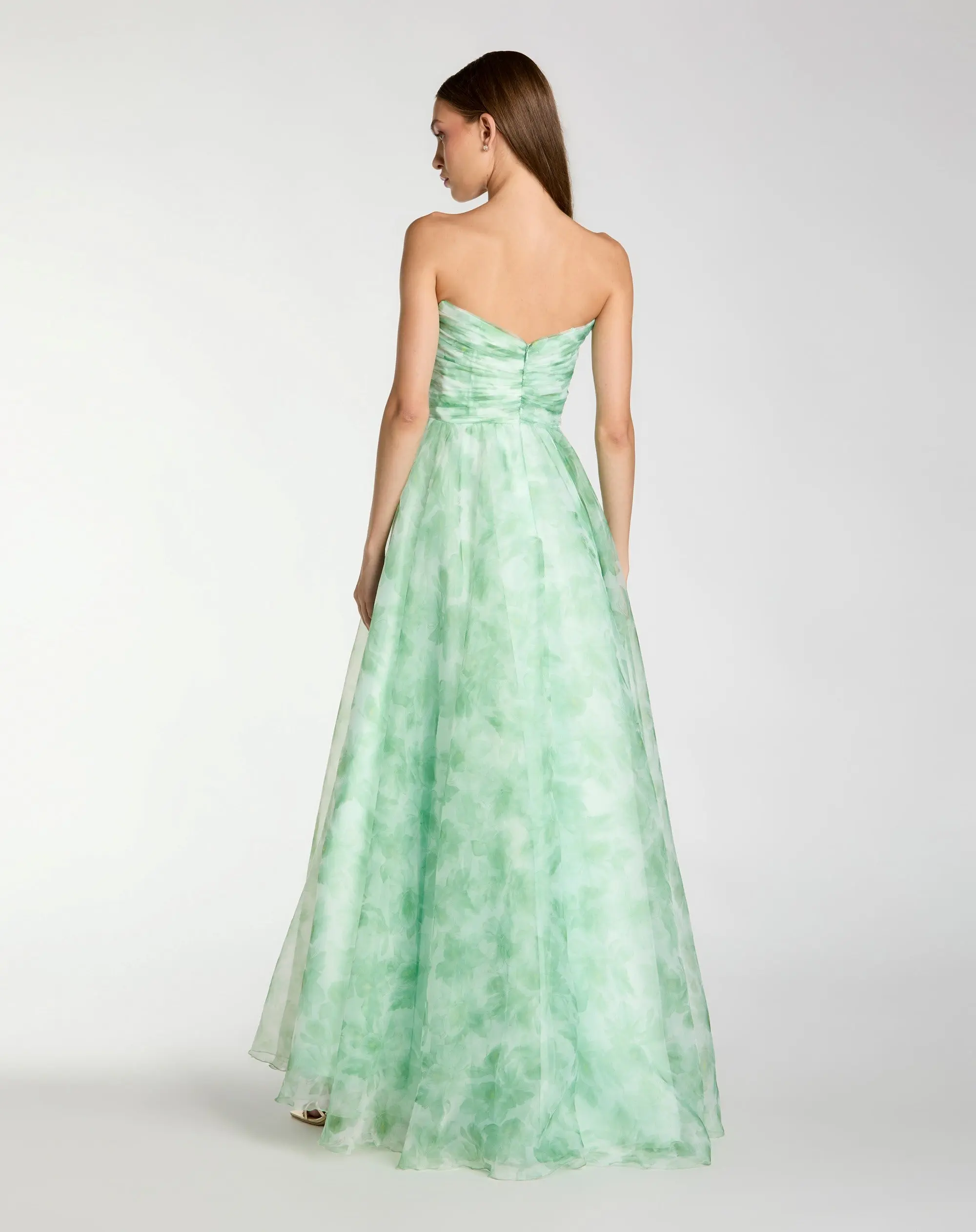 Green Strapless Floral Chiffon Gown with Ruched Detail - Image 3