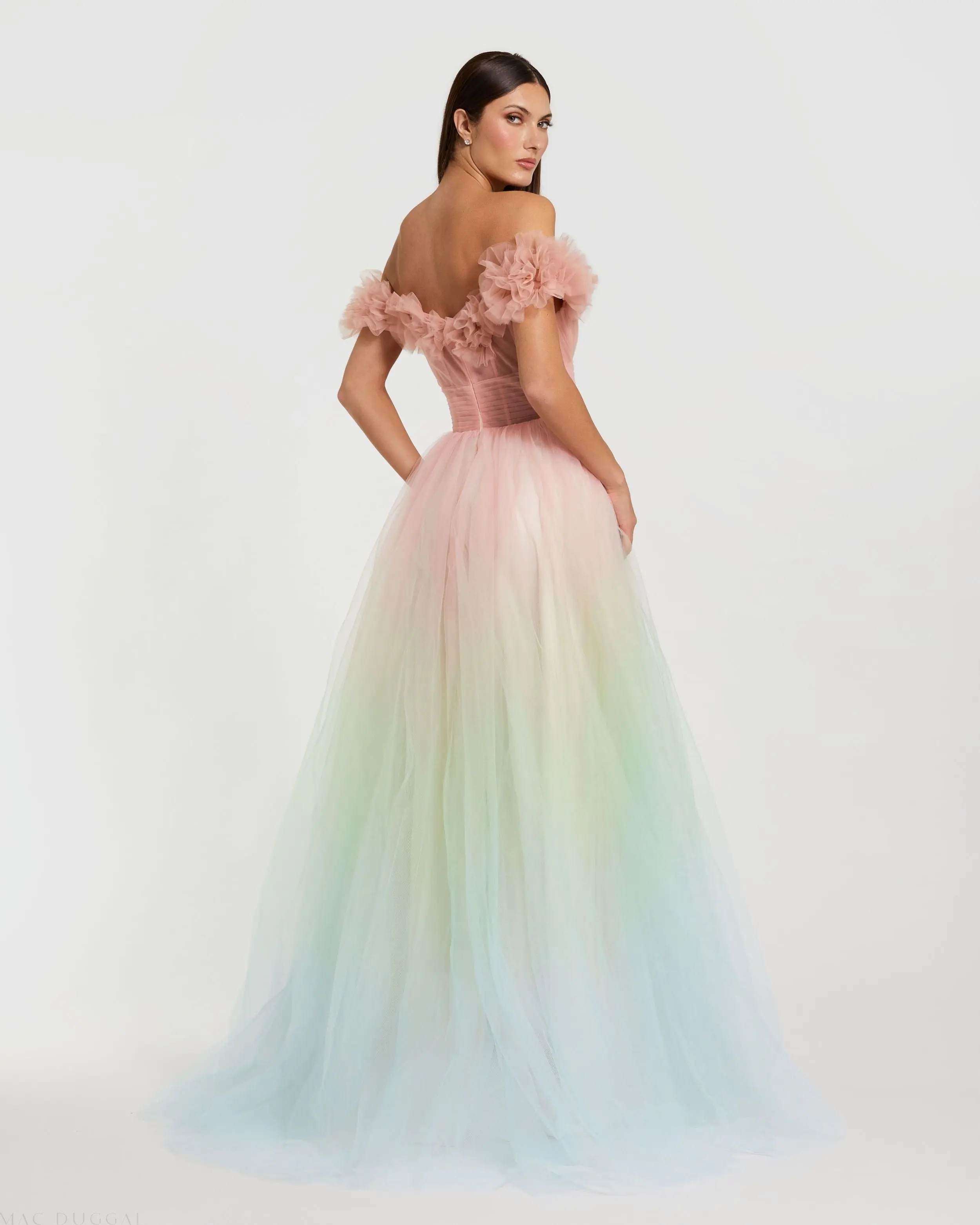 Multicolor Off The Shoulder Ombre Tulle Ballgown - Image 3