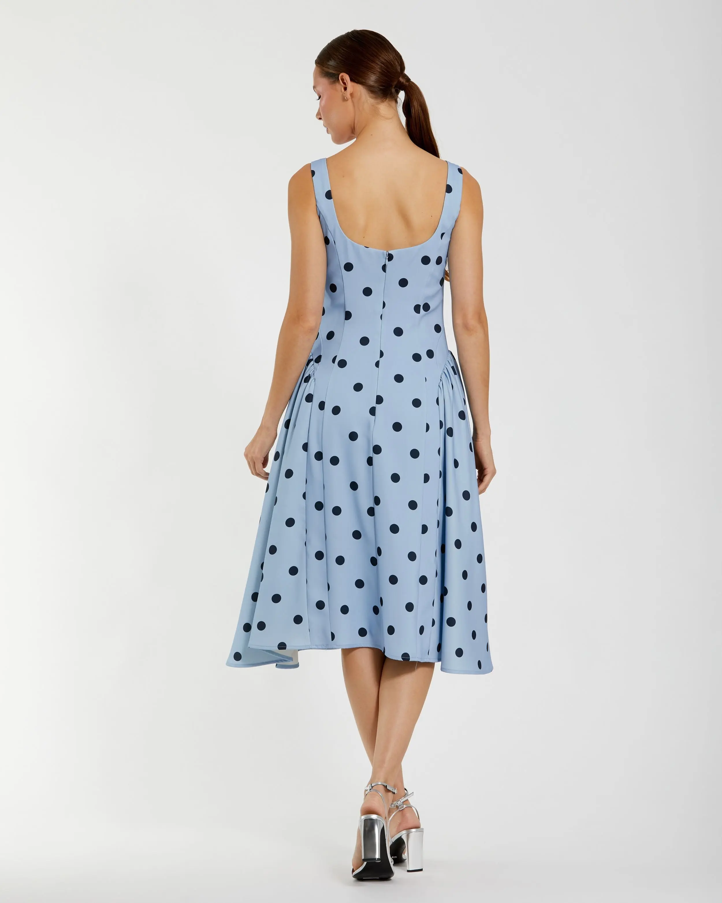 Blue Square Neck Crepe Polka Dot Fit and Flare Midi Dress - Image 3