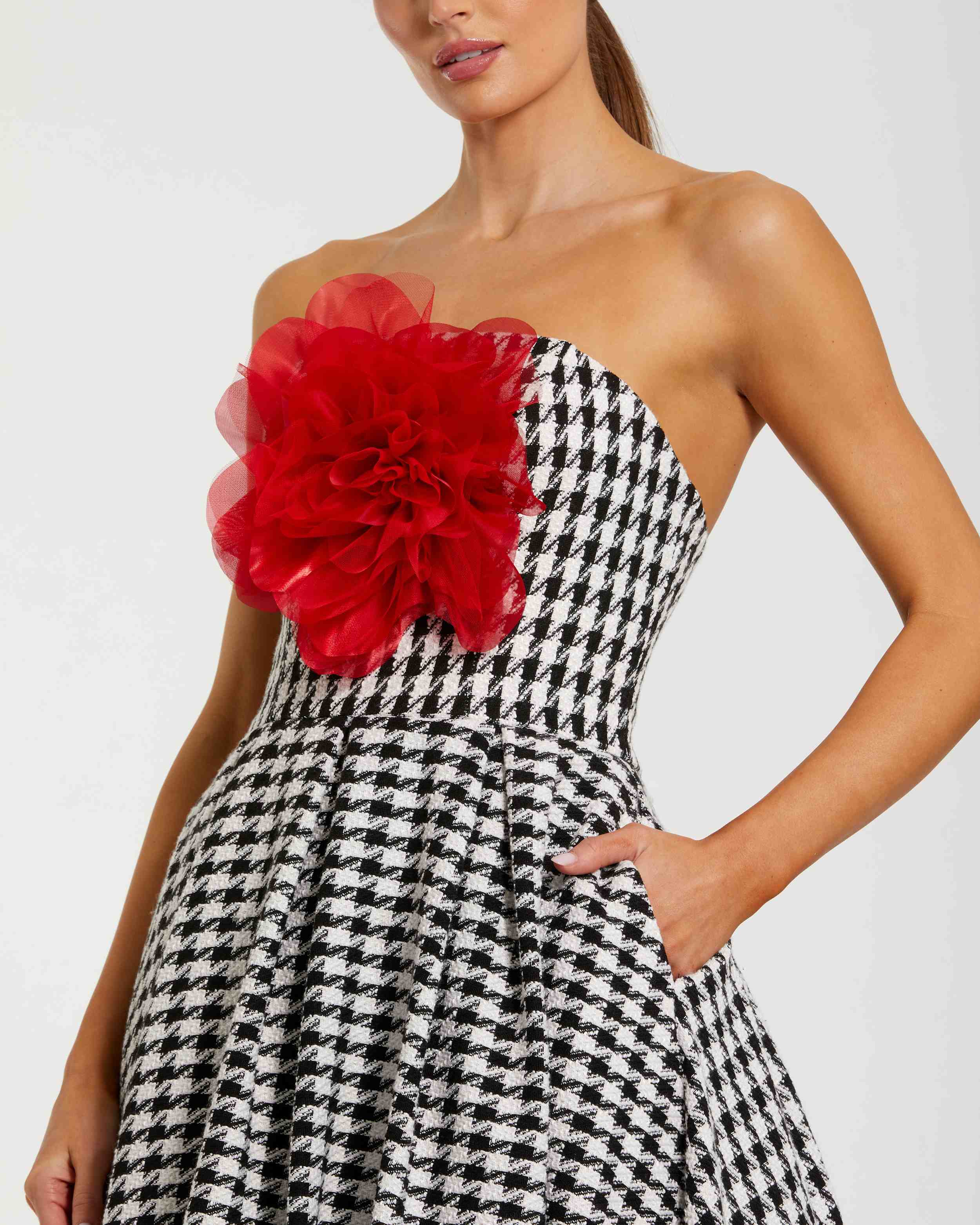 Black and White Strapless Boucle A Line Midi Dress With 3D Flower - Image 2