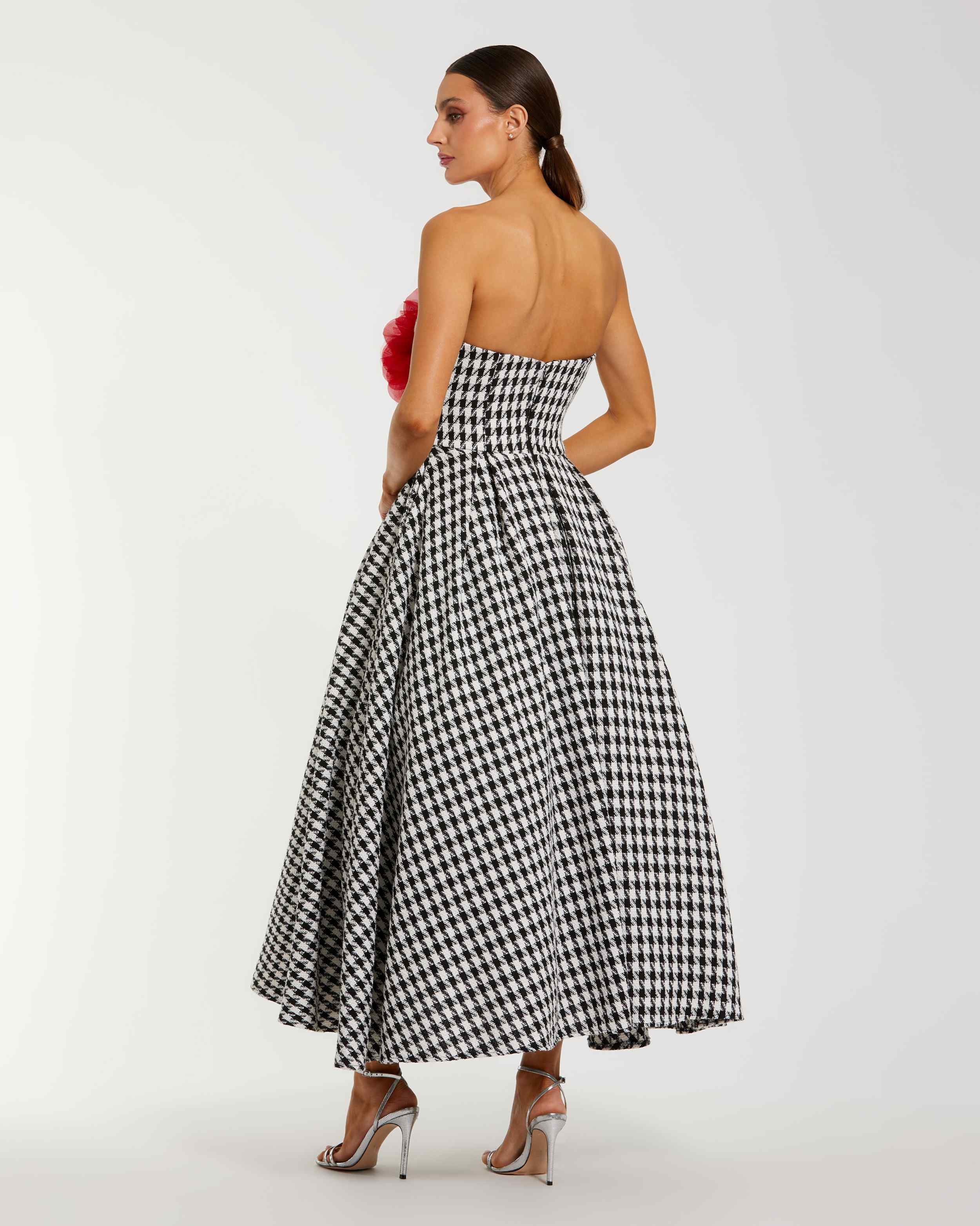 Black and White Strapless Boucle A Line Midi Dress With 3D Flower - Image 3