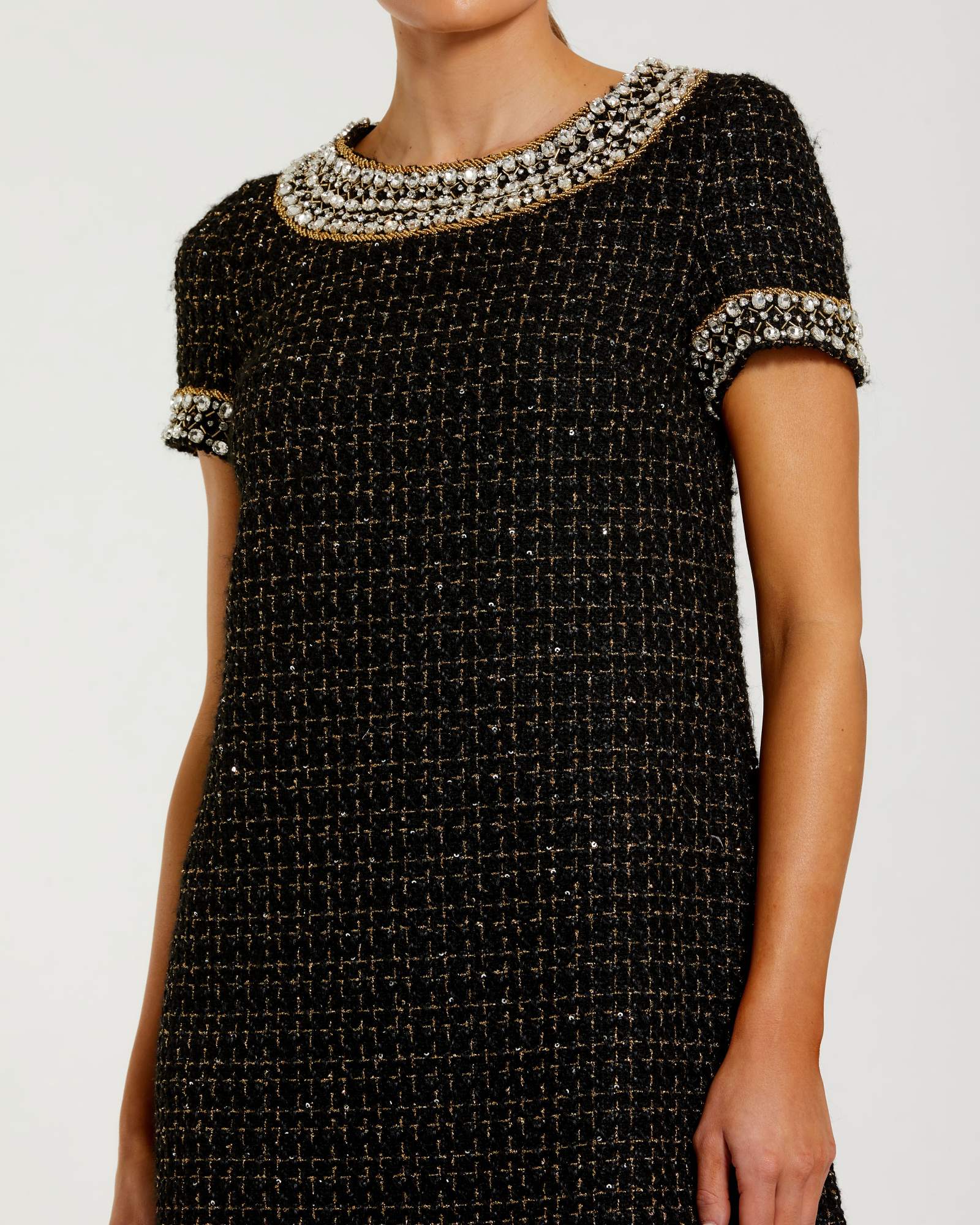 Black Short Sleeve Embellished Boucle Mini Dress - Image 2