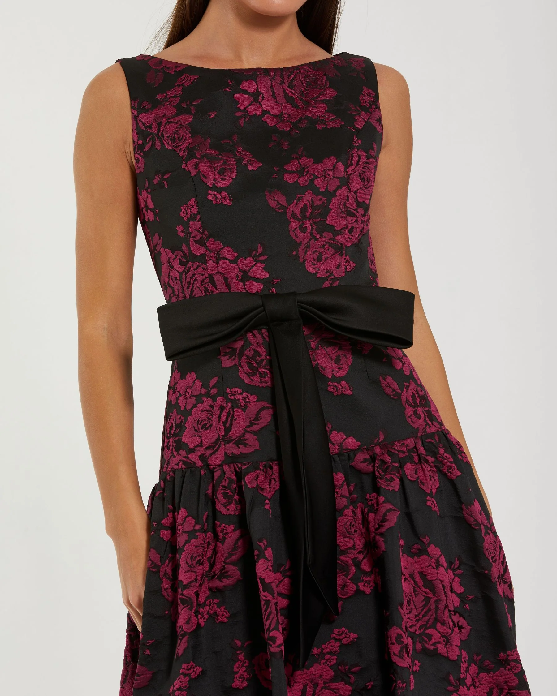 Black Brocade Drop Waist Midi Dress With Satin Bow - Image 2
