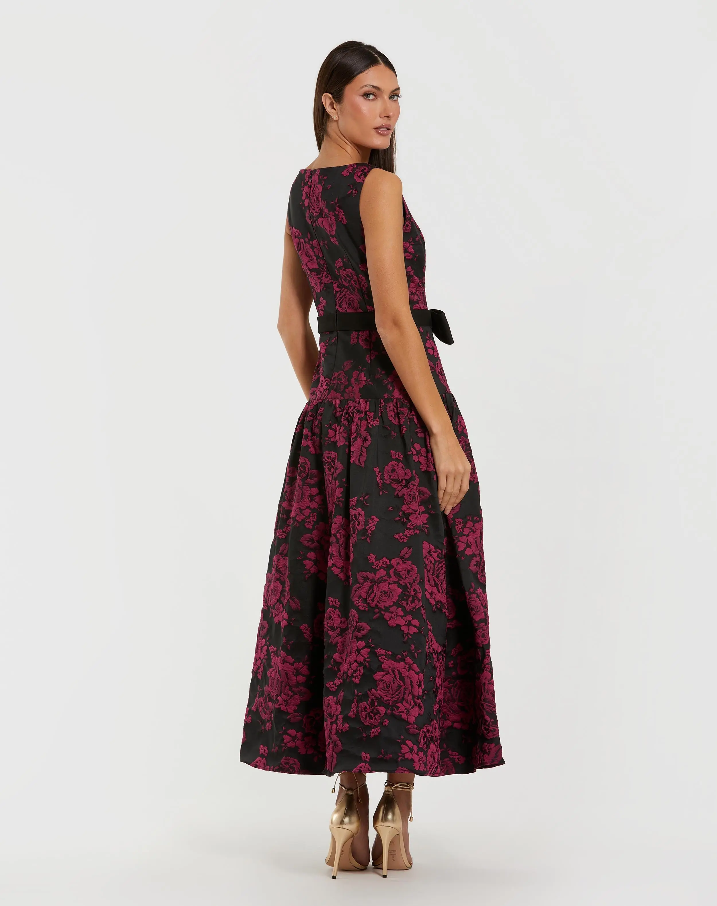 Black Brocade Drop Waist Midi Dress With Satin Bow - Image 3