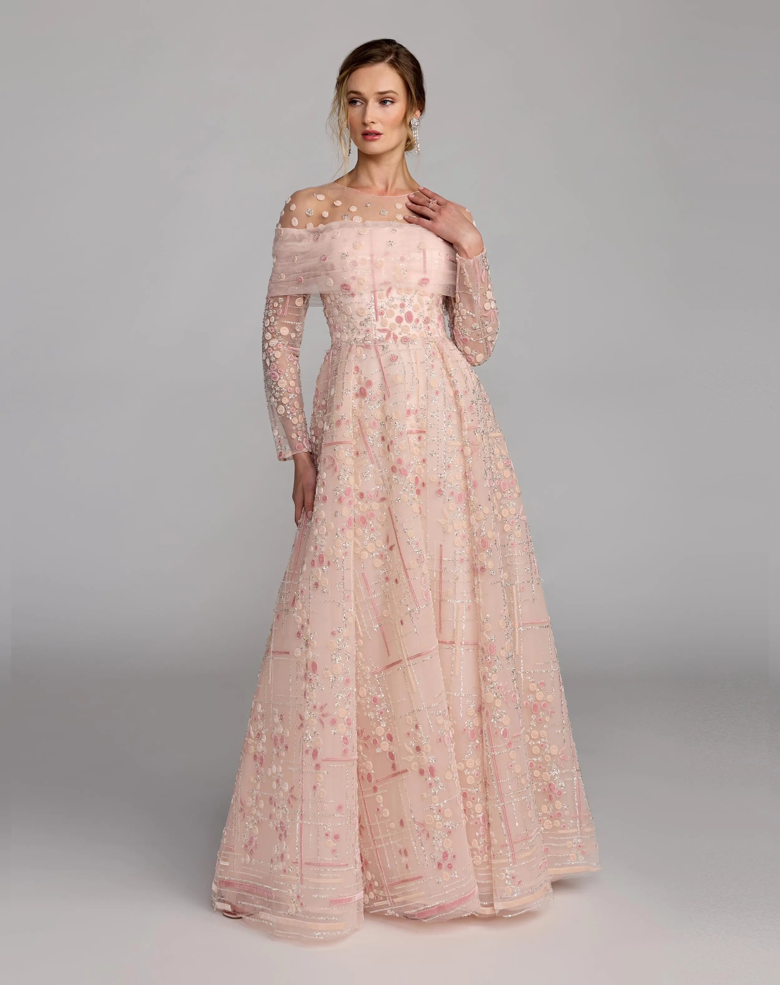 Pink Off The Shoulder Embellished Long Sleeve Ball Gown - Image 4