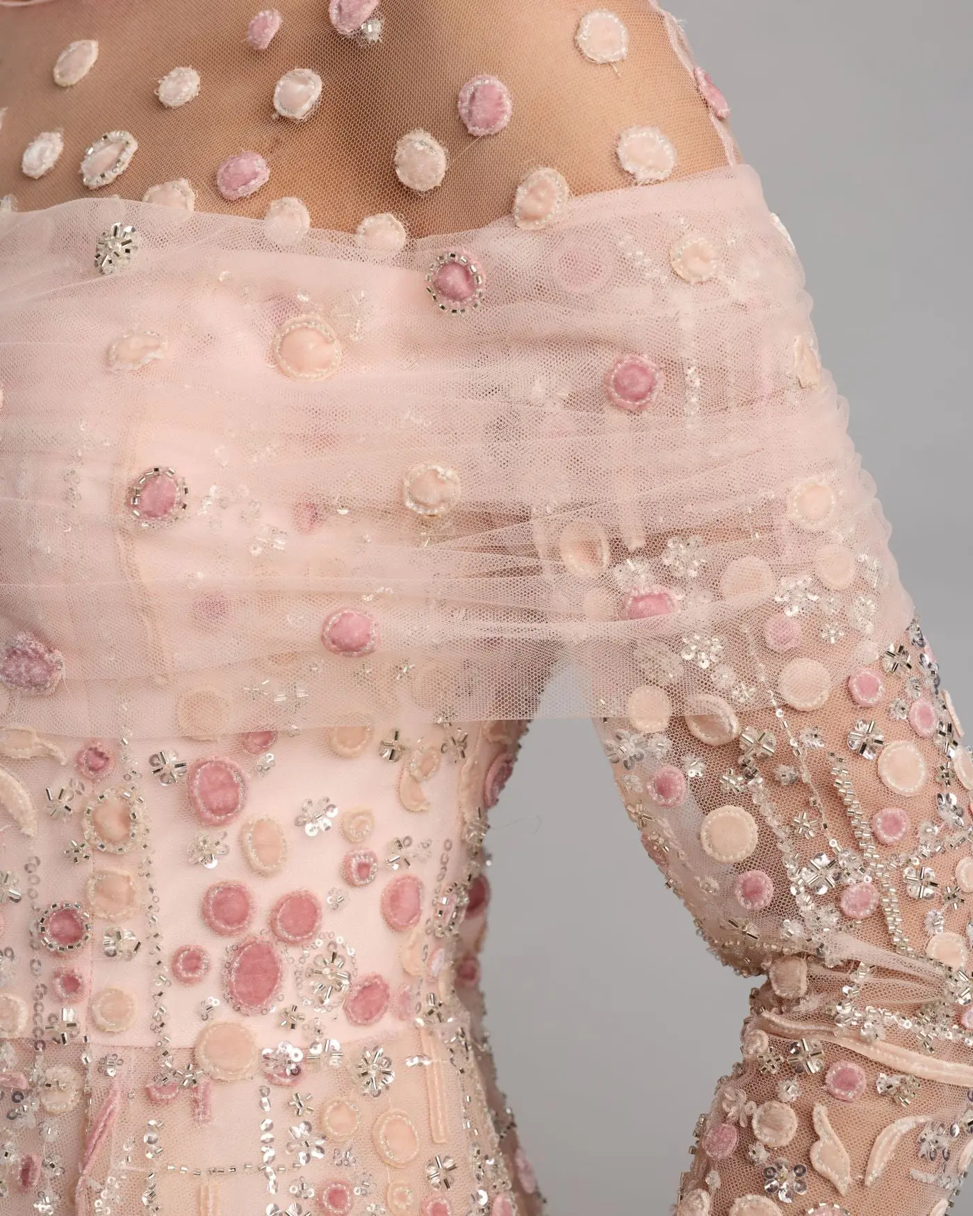 Pink Off The Shoulder Embellished Long Sleeve Ball Gown - Image 5