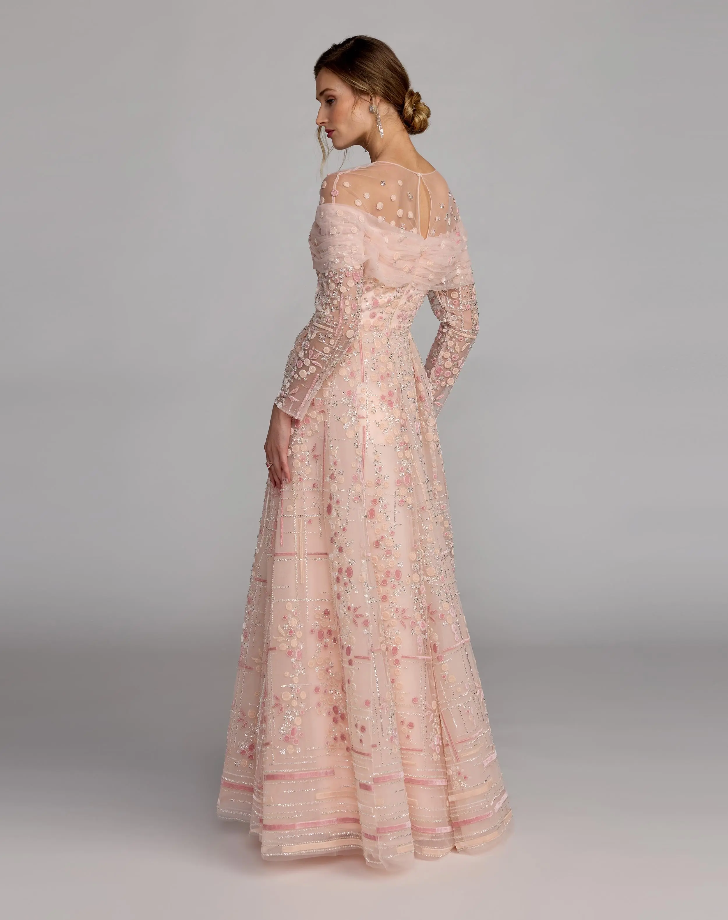 Pink Off The Shoulder Embellished Long Sleeve Ball Gown - Image 6