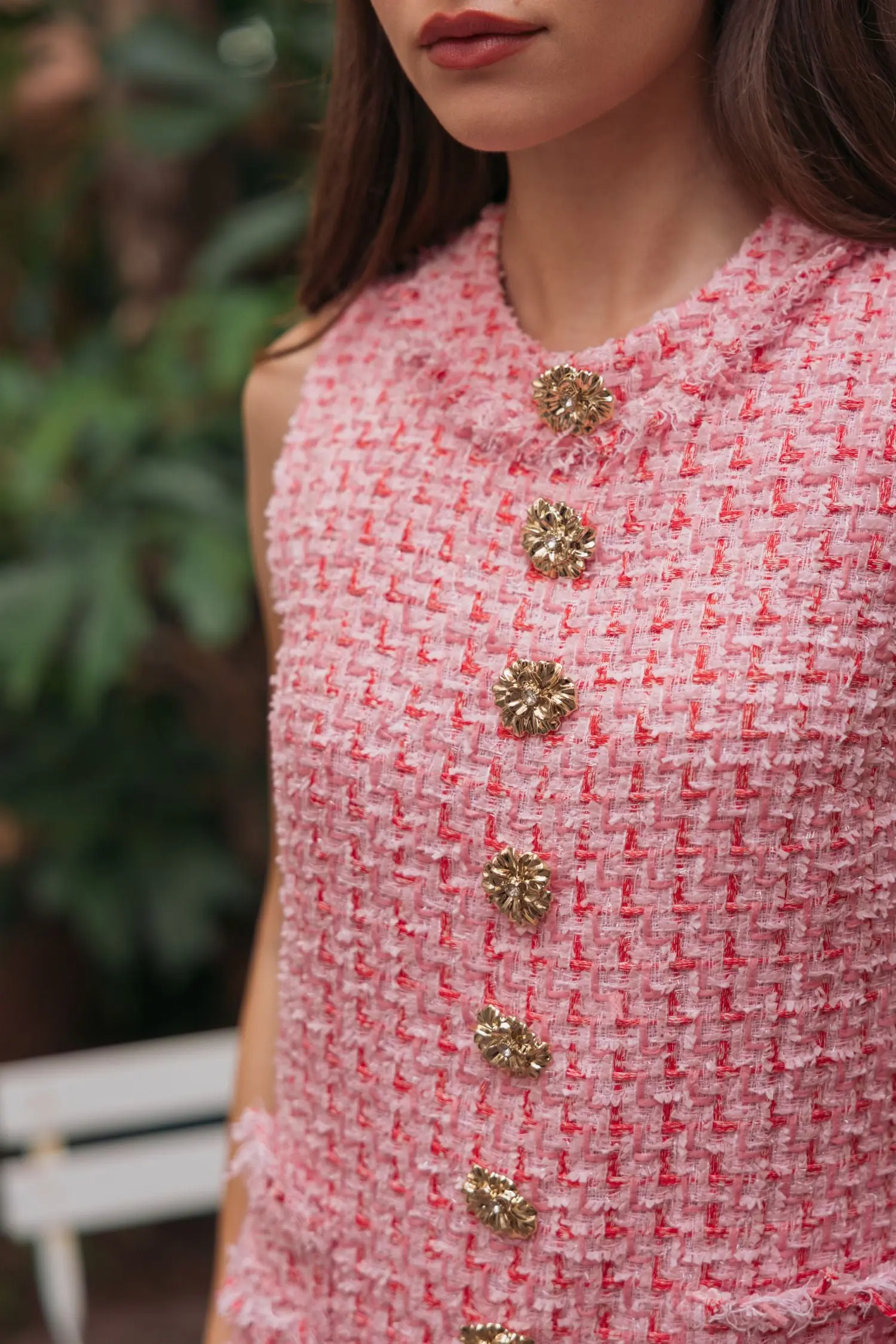 Pink Boucle Sleeveless Mini Dress with Gold Buttons - Image 5