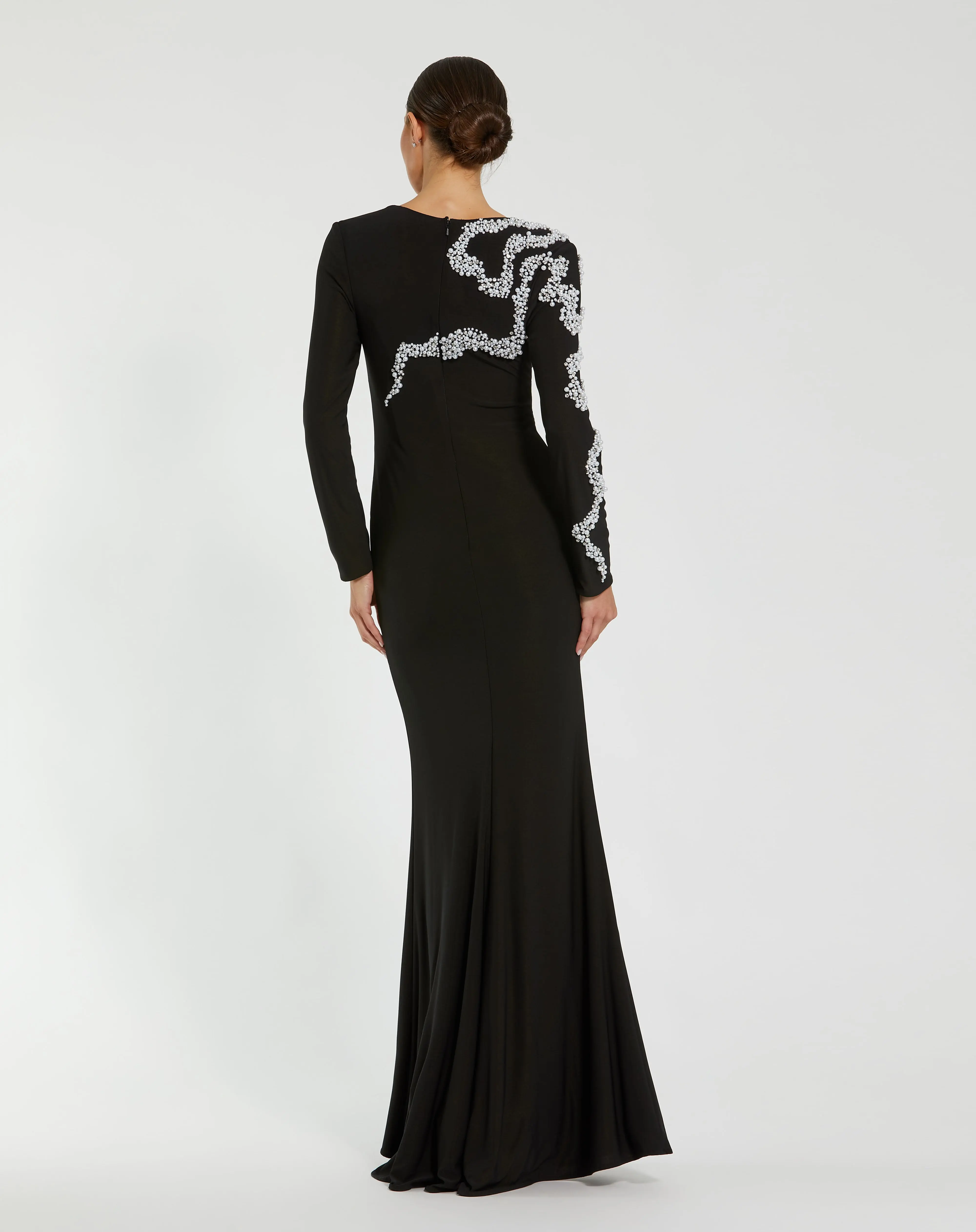 Black Jersey Evening Gown With Beaded Swirl Detail - Image 3