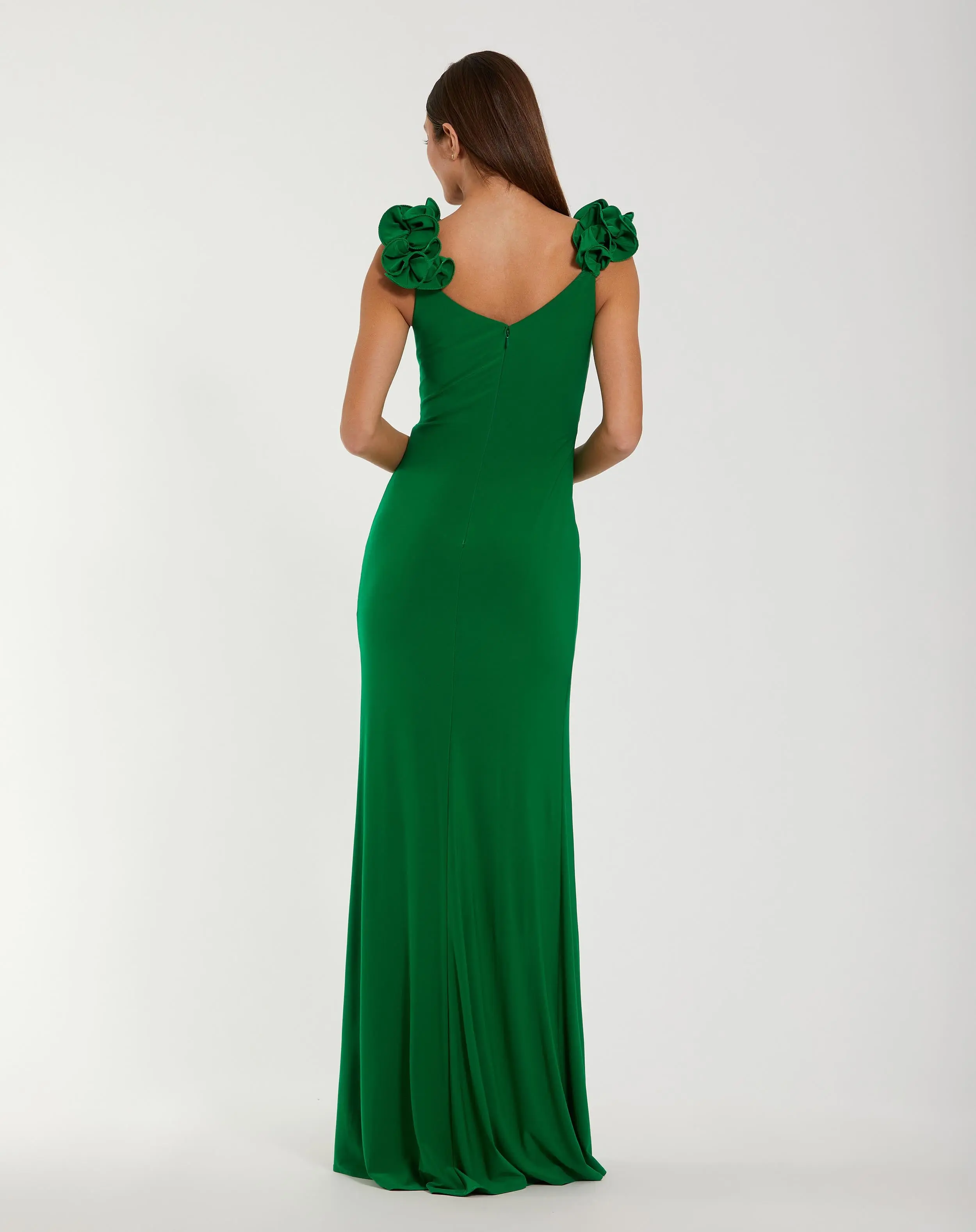 Green Sleeveless V-Neck Gown With Ruffled Straps - Image 3