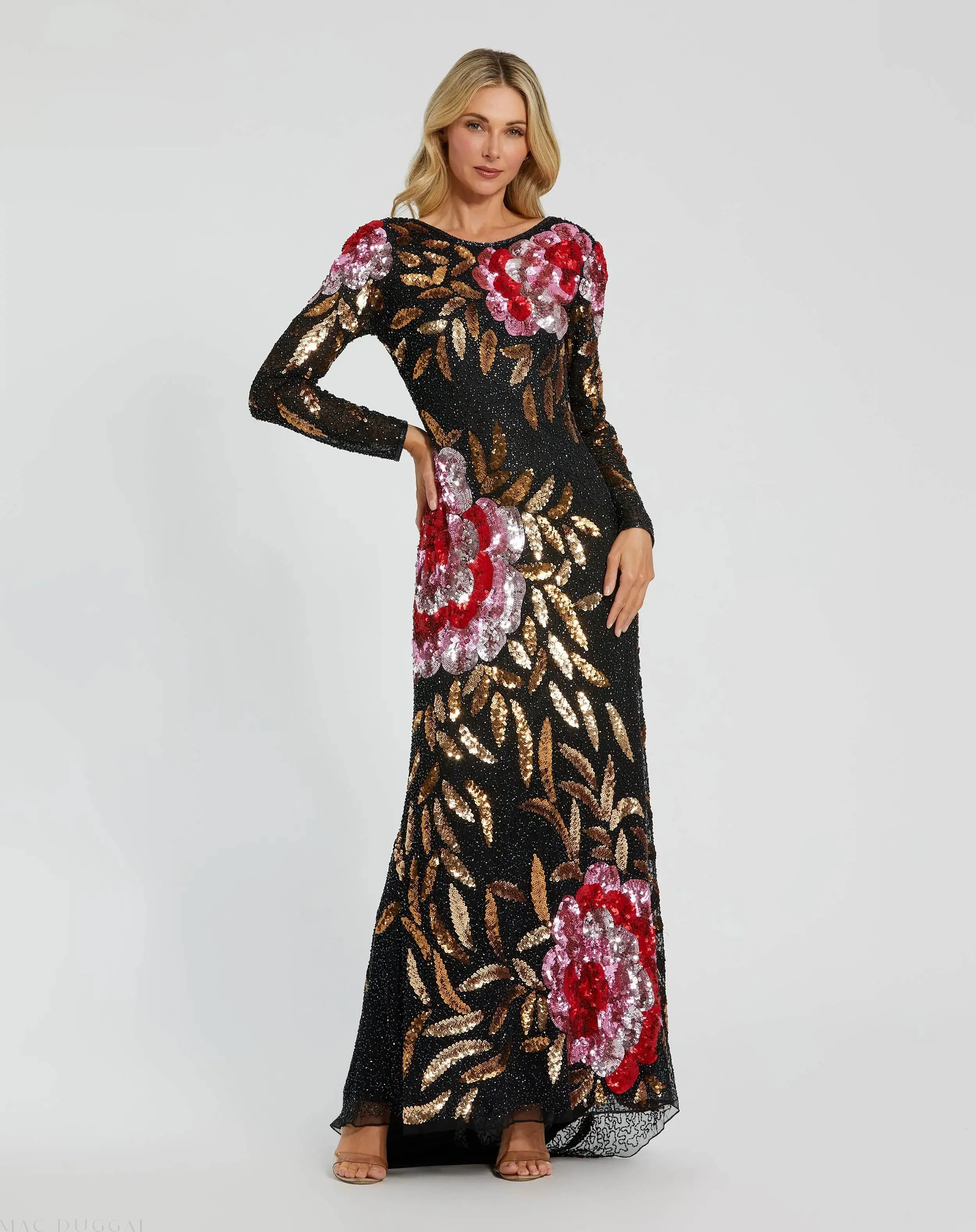 Black Embellished Floral Long Sleeve Backless Gown - Image 2